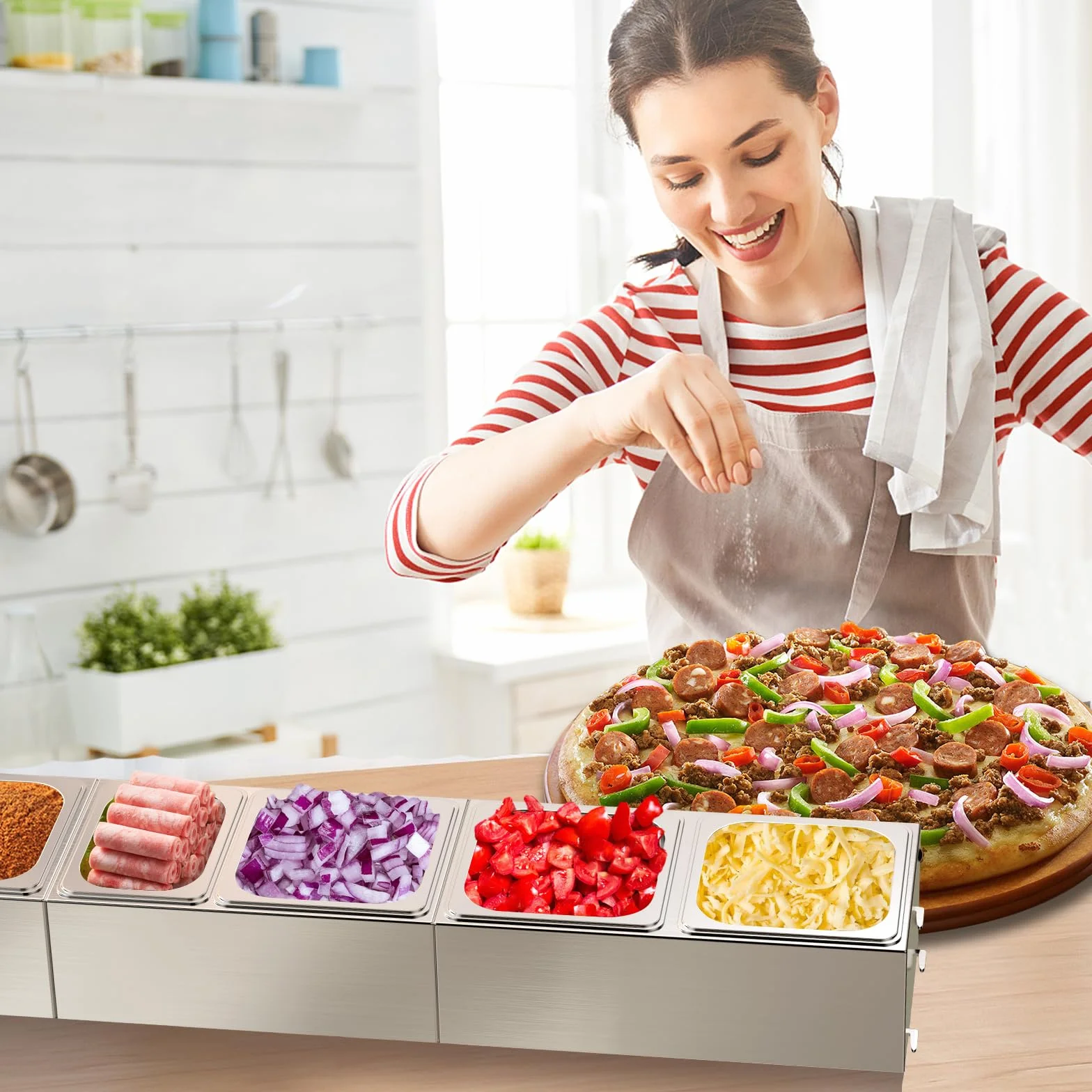 Denmay Pojemnik na składniki do pizzy, pojemnik ze stali nierdzewnej z pokrywką, pojemnik na naczynia do grilla i kuchni, akcesoria do pizzy ze stali nierdzewnej, 6 sztuk