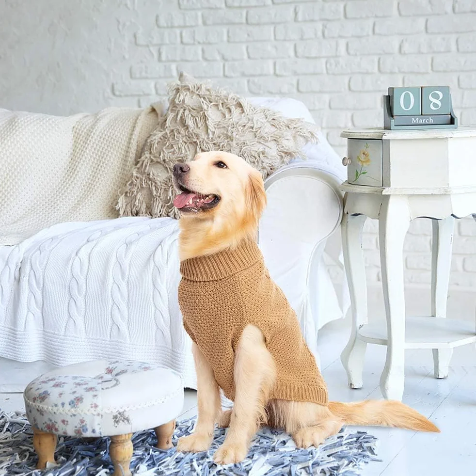 Mihachi Sweter dla psa z golfem, sweter dla psa, płaszcz zimowy, odzież klasyczna, dzianinowa odzież z otworem na smycz, na zimną pogodę
