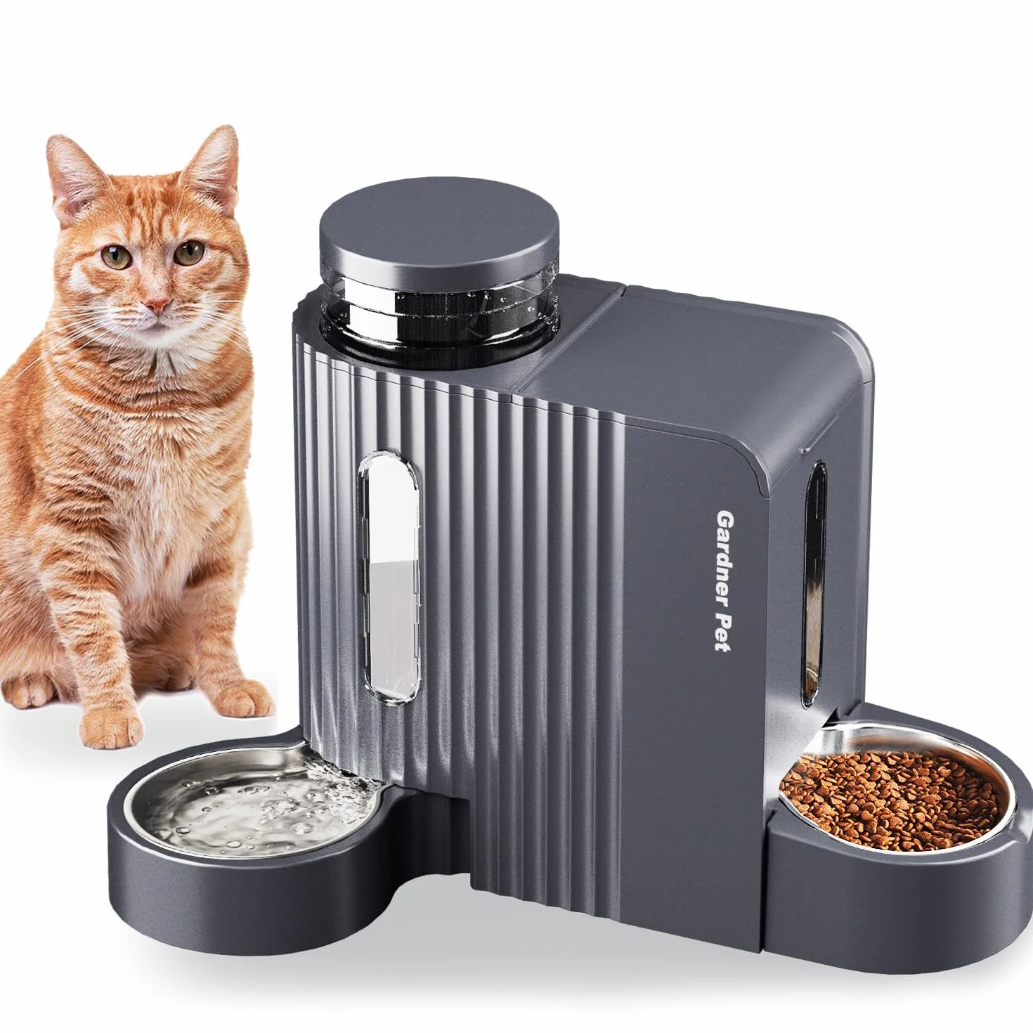 Gardner Pet Automatyczny karmnik dla kotów i dozownik wody 2 w 1, 3 l x 2, miski dla kotów z miską ze stali nierdzewnej, dozownik wody grawitacyjnej, w 100% wolny od BPA, nie wymaga prądu, ciemnoszary