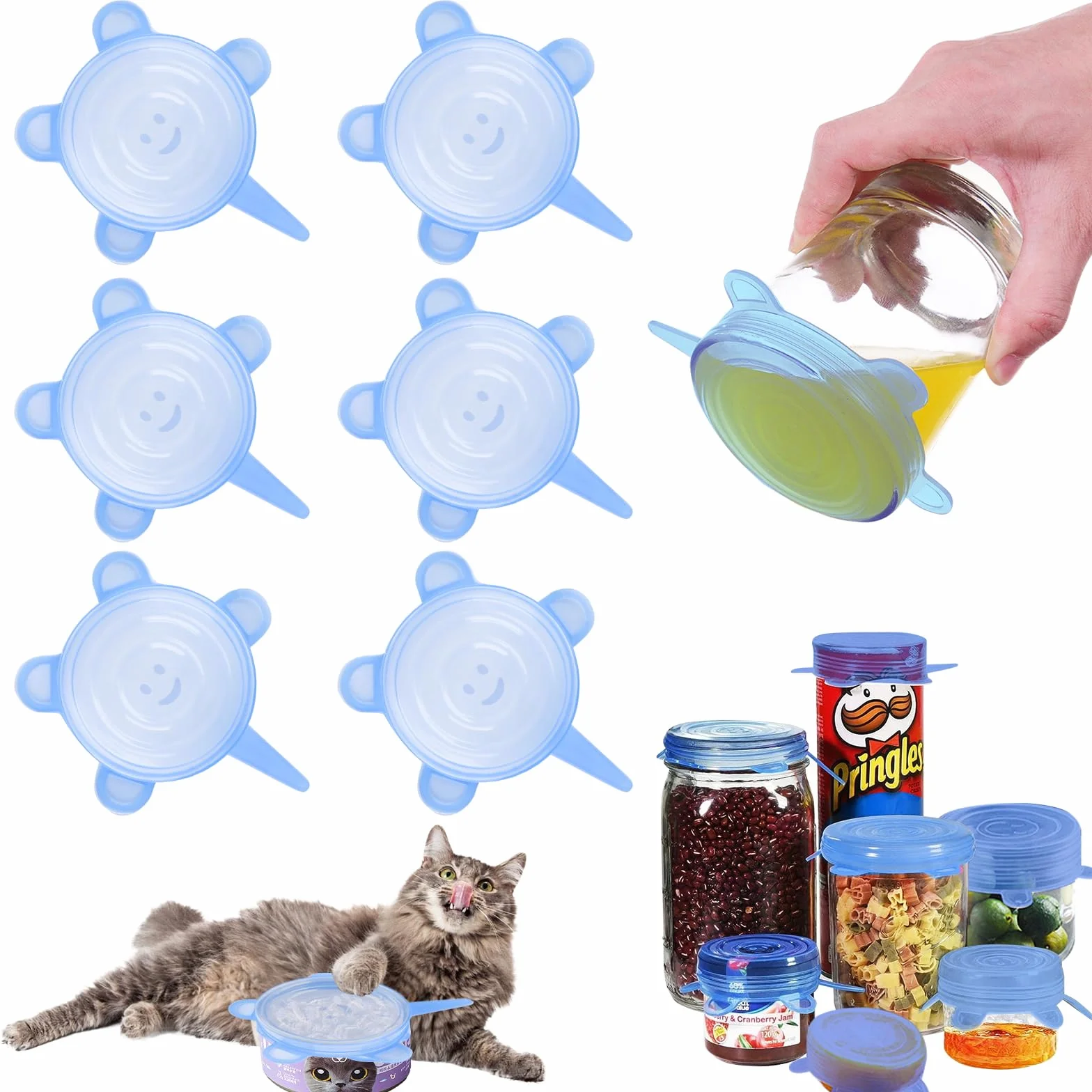 AKONE 6 pokrywek na puszki karma dla kotów, pokrywka na puszki, silikonowa pokrywka, rozciągliwa, 400 g/200 g/85 g, do większości puszek dla kotów