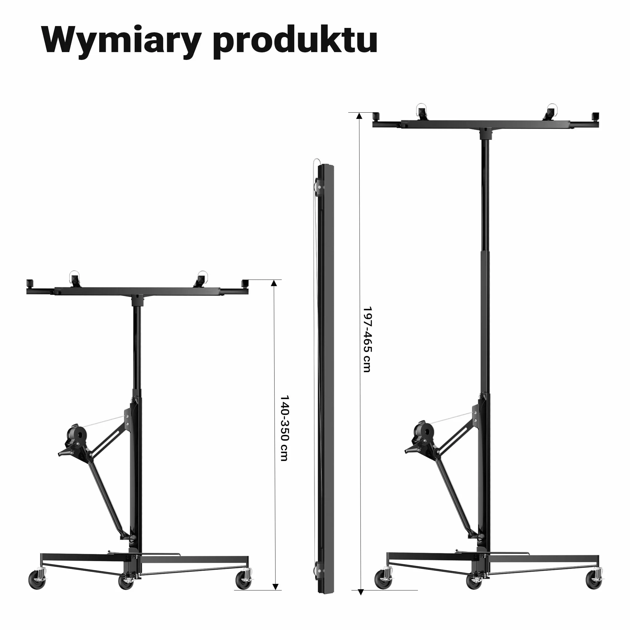 Wiltec Zestaw XXL podnośnik do płyt do maks. 68 kg + 140 cm przedłużenia, wysokość 140-465 cm, maks. szerokość 2,90 m, pomoc w montażu do suchej zabudowy, podnośnik paneli z 3 kółkami, czarny