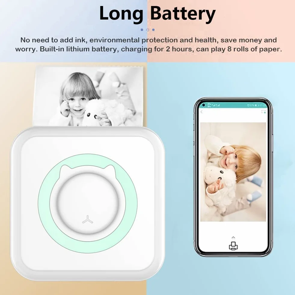 WANGCL Mini drukarka kieszonkowa, przenośna drukarka bezatramentowa, drukarka fotograficzna z 13 rolkami papieru do drukarki bezprzewodowej dla smartfonów z systemem iOS/Android (niebieska)