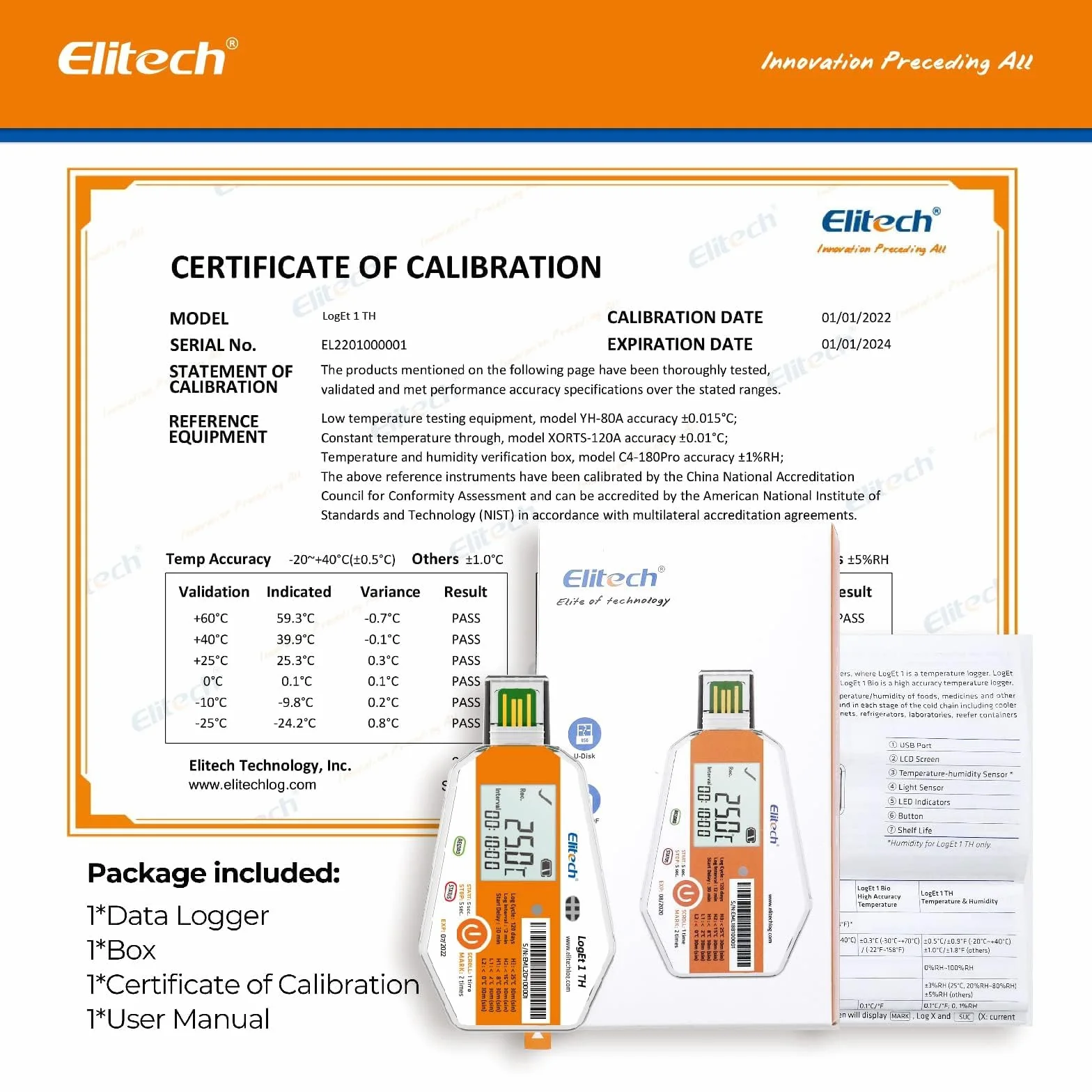 Elitech LogEt 1 rejestrator danych temperatury jednorazowego użytku raport PDF USB 16000 punktów