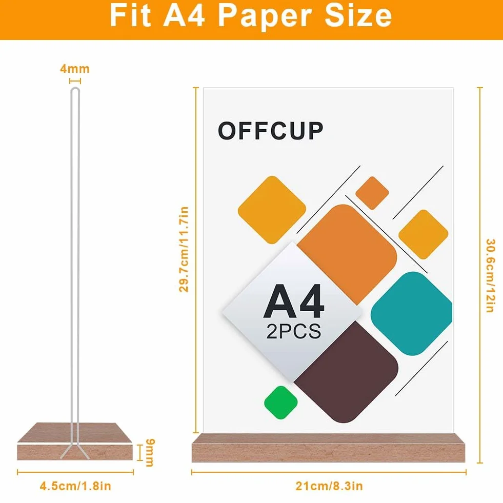 OFFCUP Akrylowy uchwyt na znak A4, 2 szt. uchwyt na menu plakatu, stojak ekspozycyjny w kształcie litery T, drewniana podstawa, dwustronne stojaki ekspozycyjne do restauracji, hotelu, promocji, zdjęć