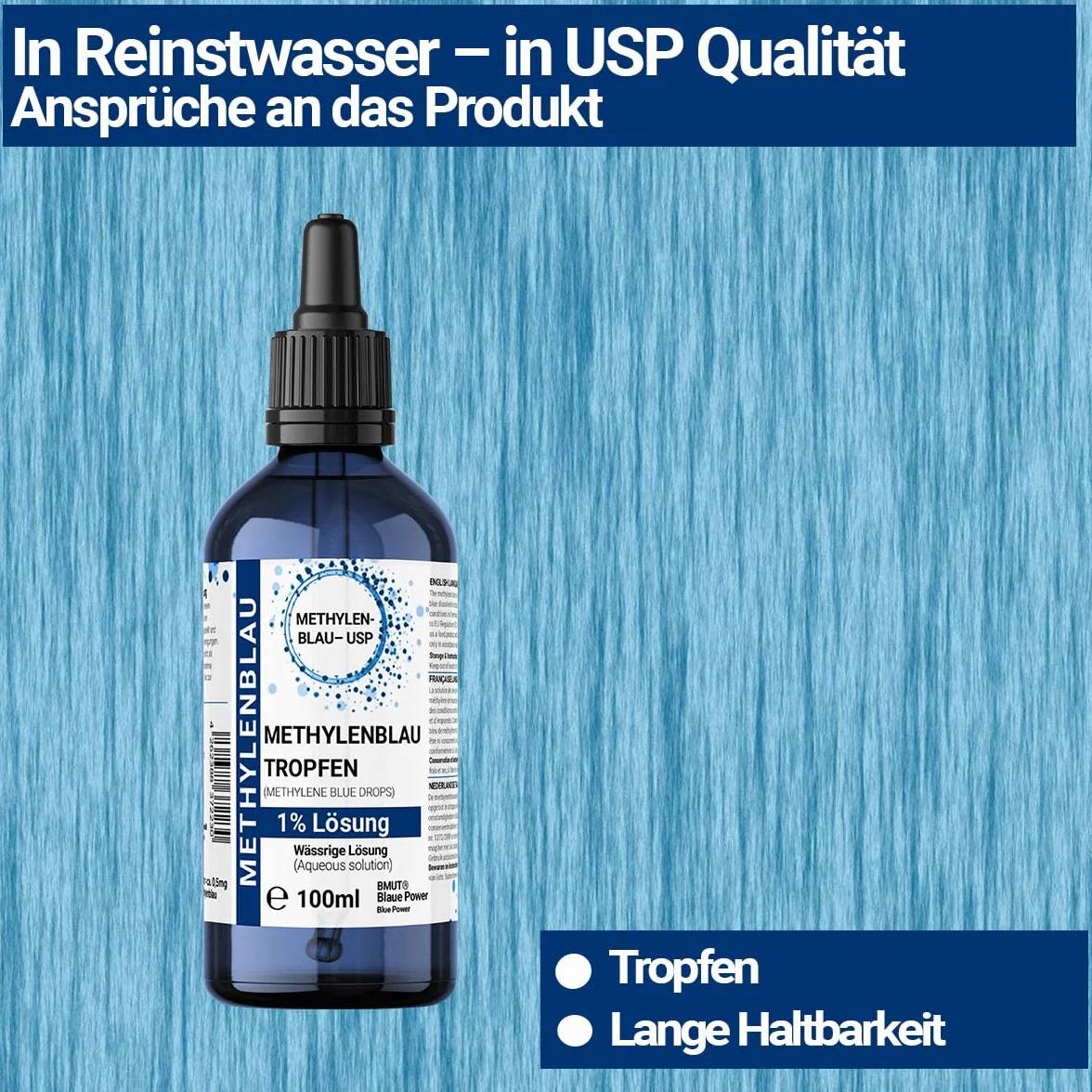 1 x 100 ml roztwór błękitu metylenowego 1% – kropla w butelce z brązowego szkła z pipetą – wysoka czystość Methylene Blue bez dodatków – jakość farmaceutyczna USP – z Niemiec