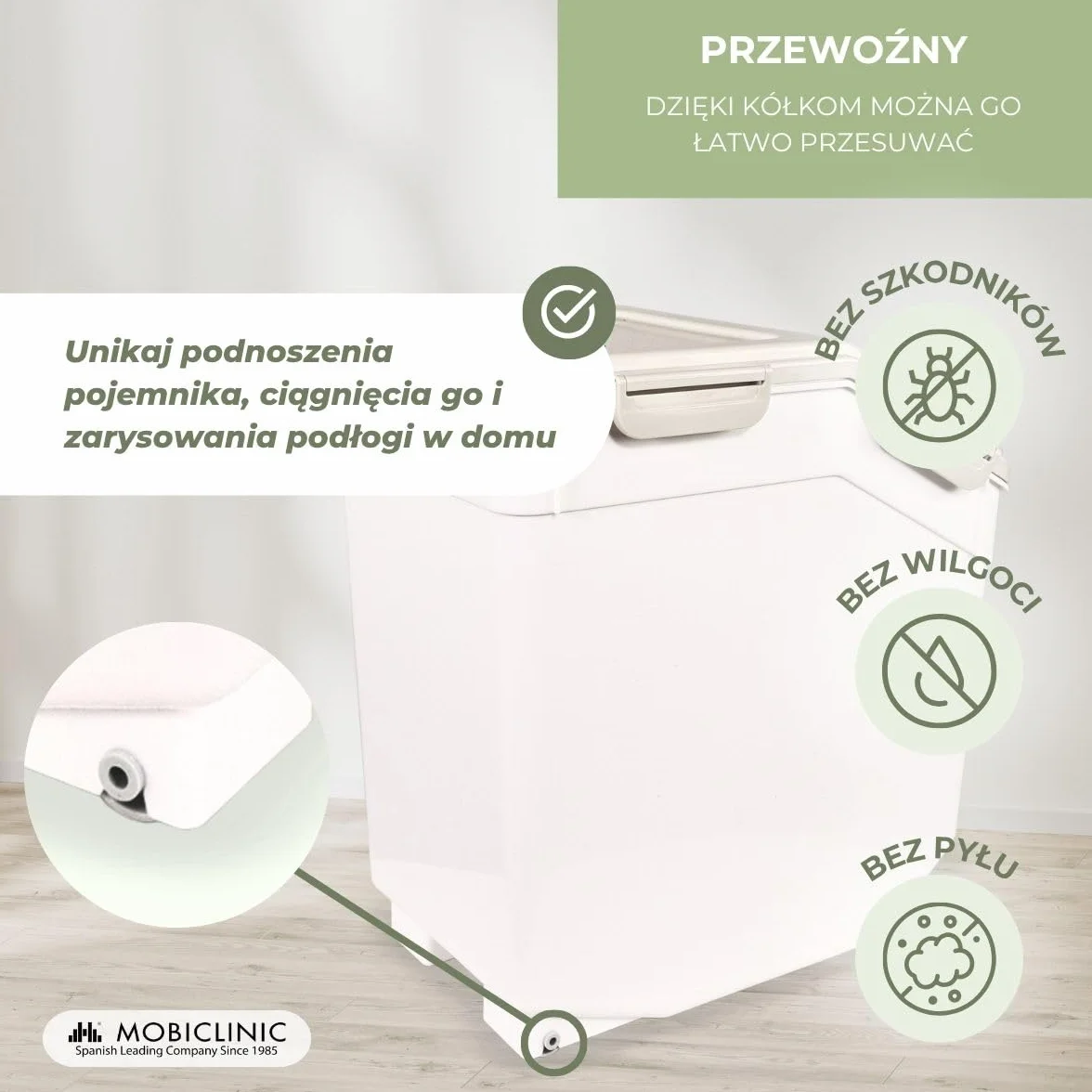Mobiclinic®, Pojemnik na karmę, Dla zwierząt, Feedpet, Pojemność 20L / 8Kg, Hermetyczne zamknięcie, 23x25, 5x36, 5 cm, Zestaw z łopatką i miarką, Kołami, Przezroczyste okno