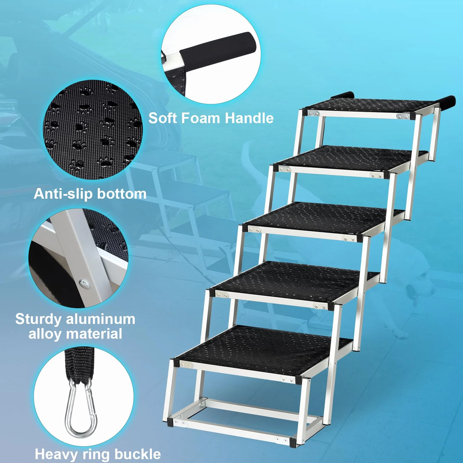 Uross Schody dla psa do samochodu, 5 stopni – składane schody dla psa, rampa do samochodu i SUV, aluminiowe schody dla dużych psów, teleskopowe schody dla psów do ciężarówki, łóżka piętrowego