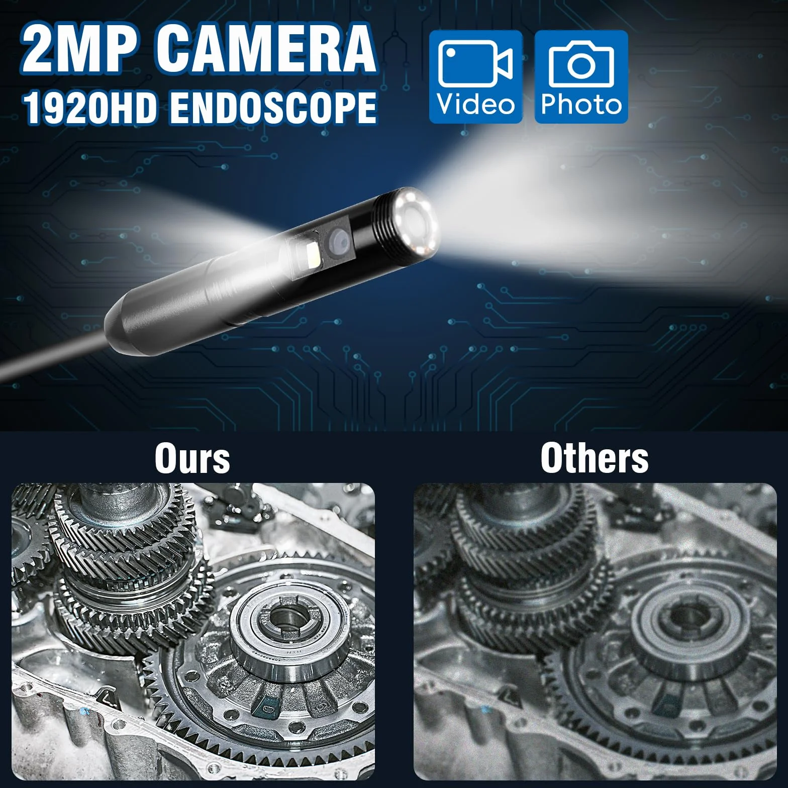 WADEO Kamera inspekcyjna endoskopowa 5m sztywny kabel 1920x1440P IP67 wodoodporna 360° obracana soczewka