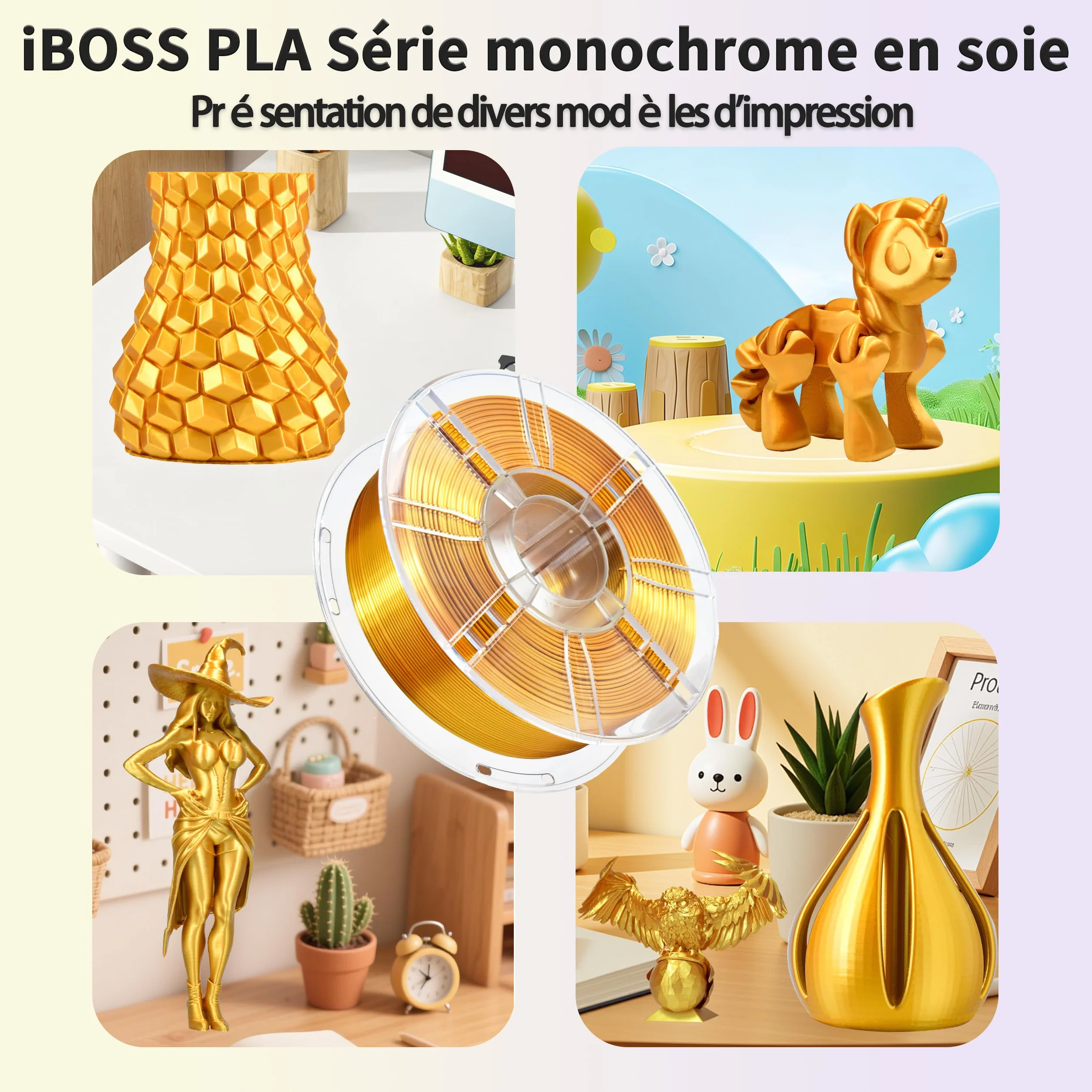 iBOSS Silk PLA+ filament 1,75 mm, gładki i błyszczący, dokładność ±0,02 mm, szpula 1 kg, Jedwabiste złoto