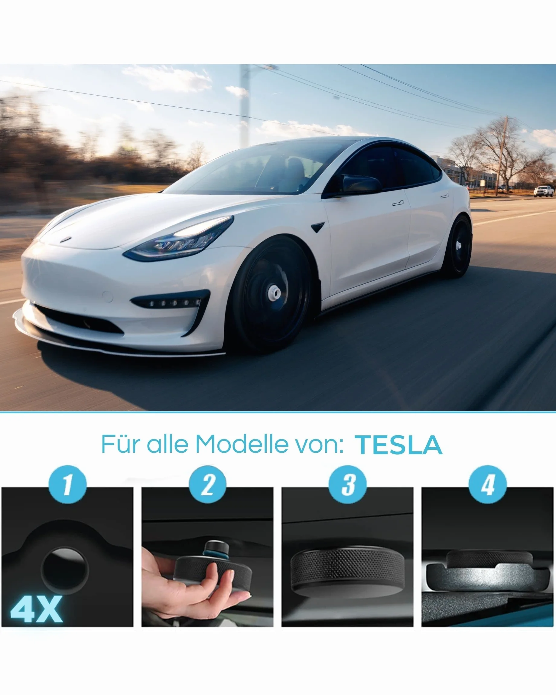 PLANGER® Tesla klocki do podnośnika płaskiego, 4 x ENRGY PAD (model 3, model S, model Y, model X), 10 lat , nietłukące 3T