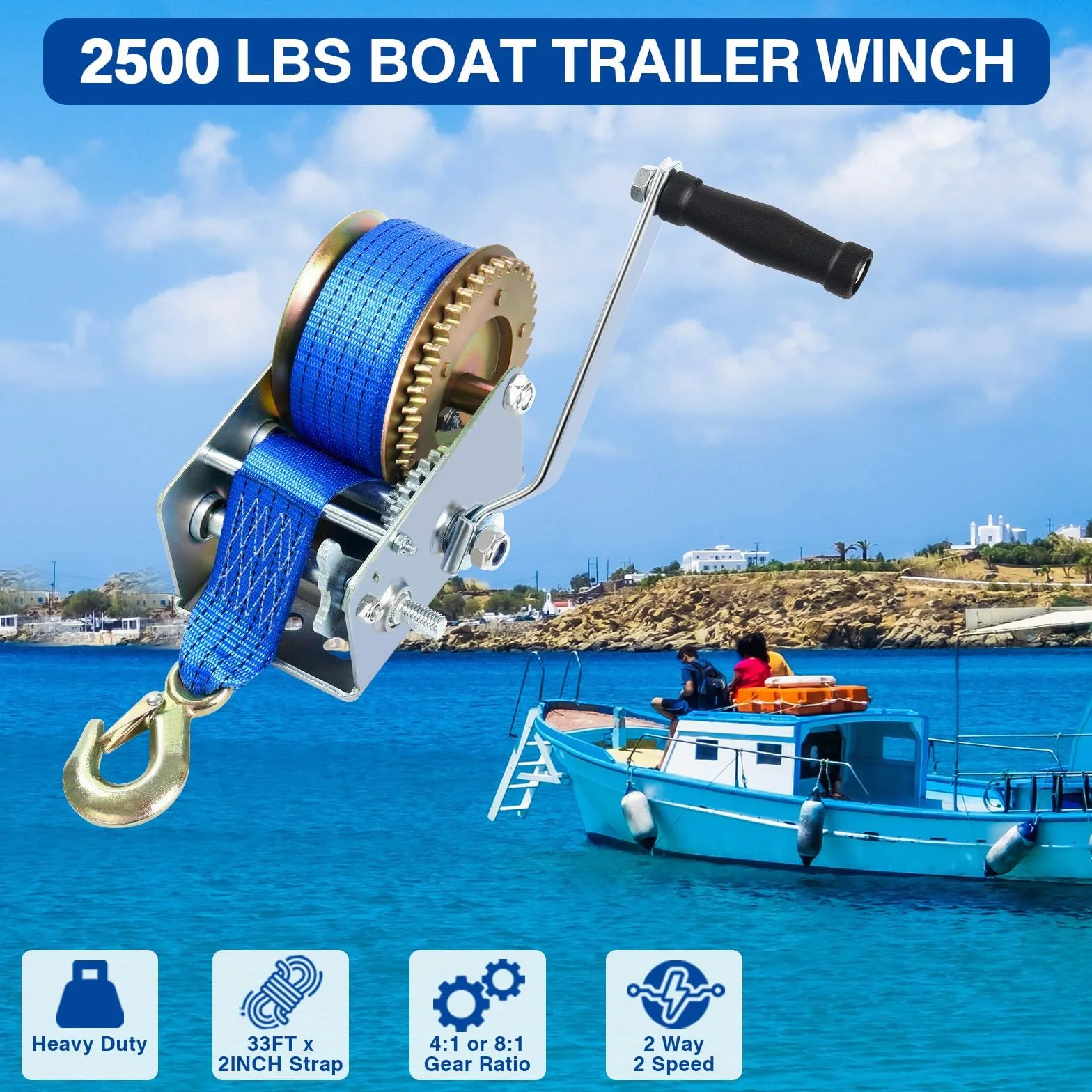 FreeTec Wciągarka ręczna z taśmą 10 m 2500 lbs, wciągarka linowa z hamulcem