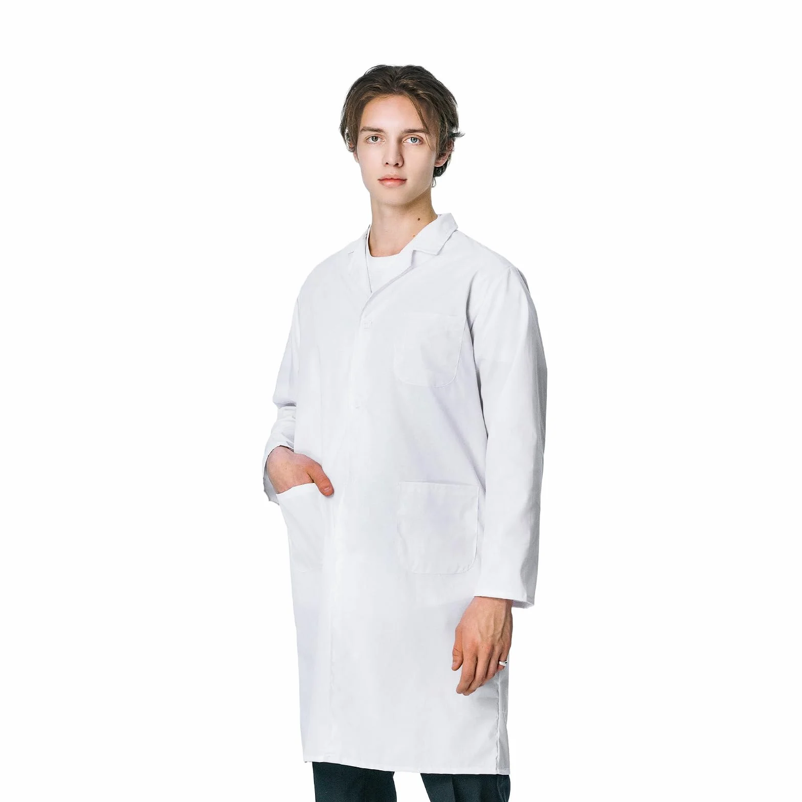 Fartuch laboratoryjny dla mężczyzn i kobiet, fartuszek lekarski, fartuch laboratoryjny, biały, bawełniany fartuch lekarski, z guzikami i 3 kieszeniami, do szkoły, unisex, do laboratorium, nauki, pracy