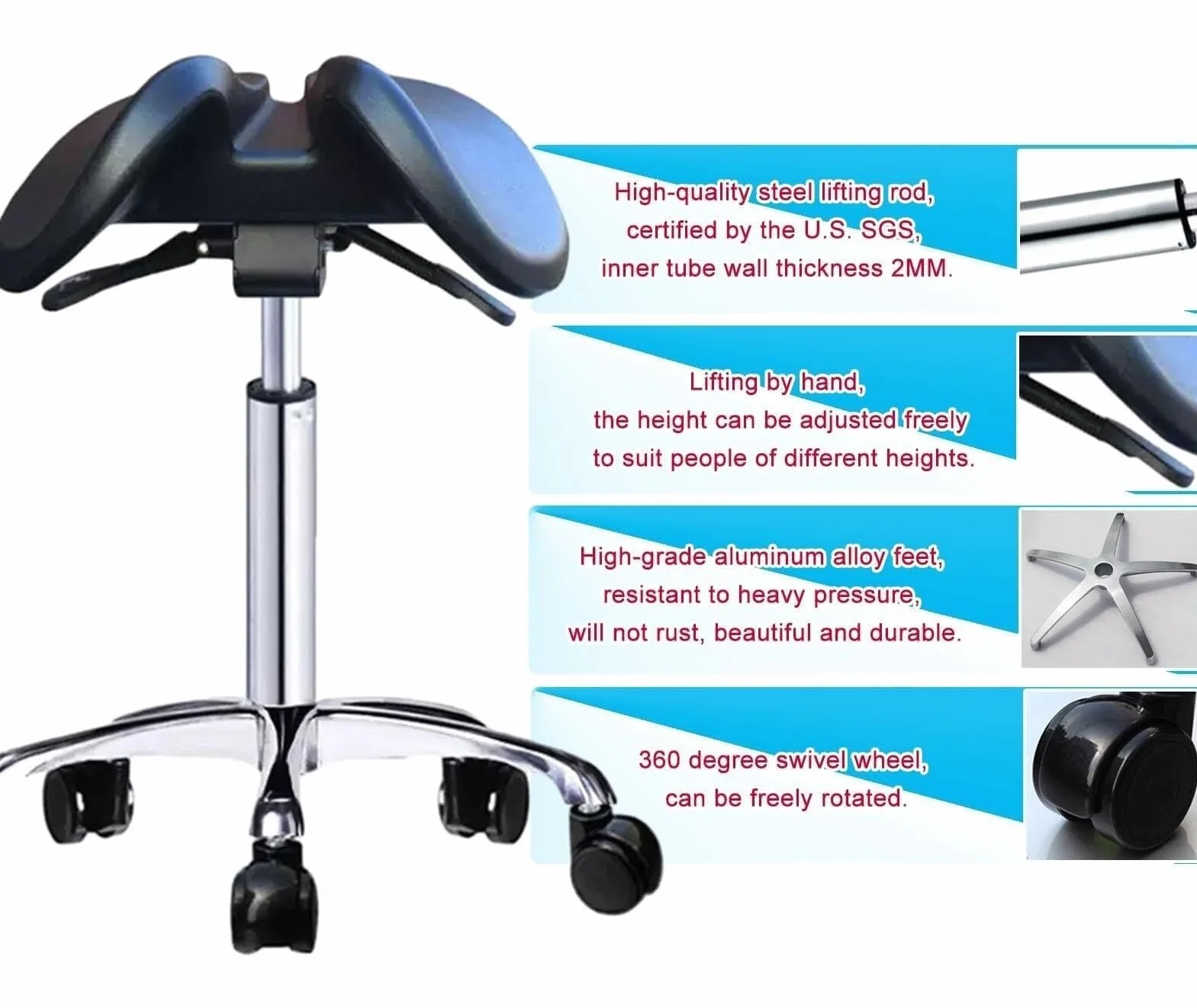 Ergonomiczne krzesło siodłowe z dzielonym stołkiem na kółkach 360° wysokość