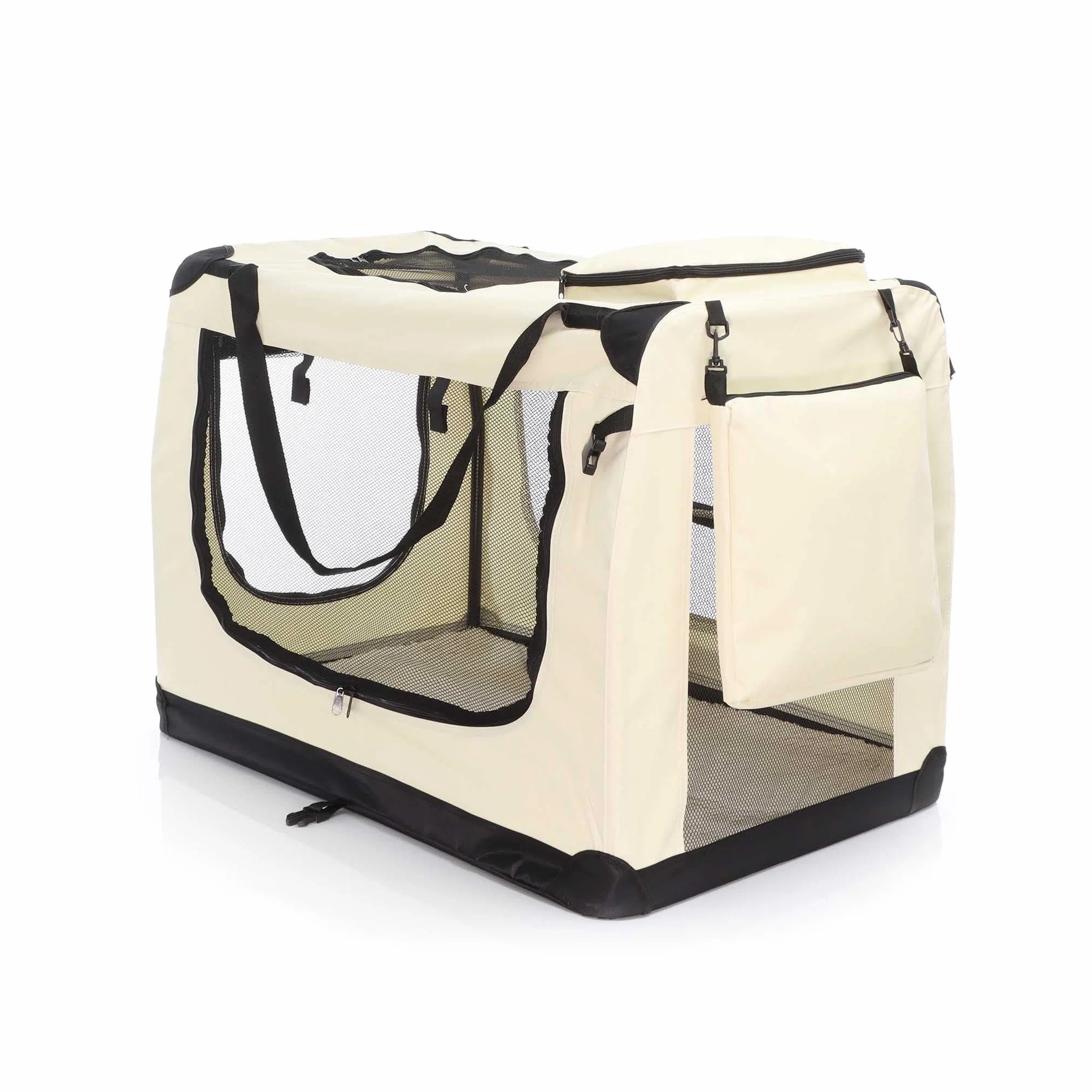 Fudajo Składany transporter dla psa i kota XXL (90x60x64 cm) beżowy, klatka transportowa z poduszką, lekka torba do samochodu dla zwierząt do max. 25 kg