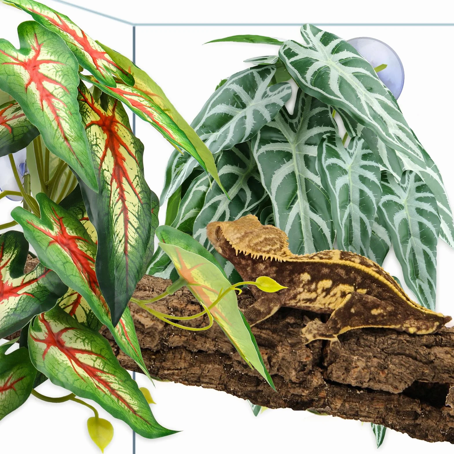 QUOZUO 2 sztuki Sztuczne rośliny do terrarium, sztuczne liście do dekoracji terrarium z przyssawkami, wiszące rośliny pnącza do terrarium dla brodawczaków, jaszczurek, węży, geko, żab