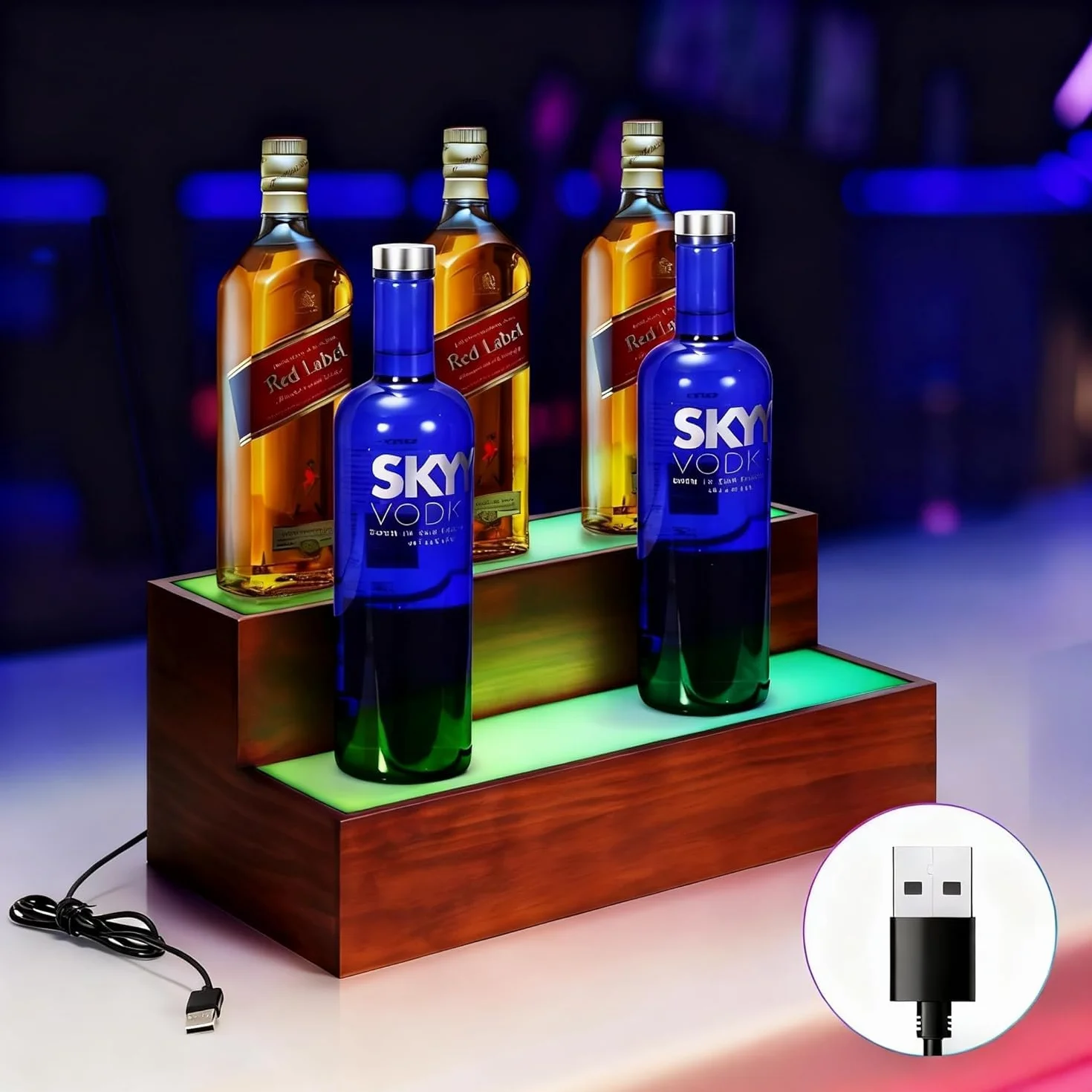 B4Life Podświetlana półka na butelki alkoholu, 2-poziomowa półka barowa LED, regał barowy na alkohol do domowego baru