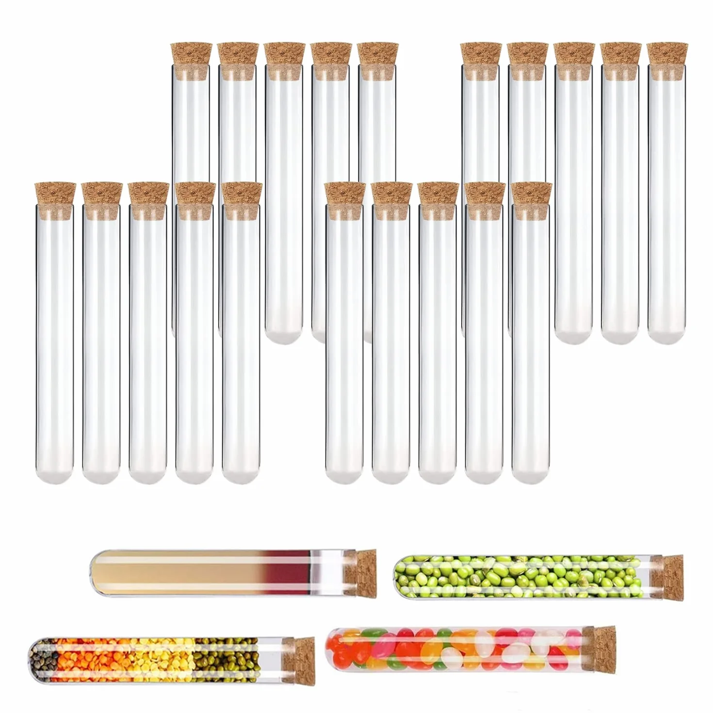 20 sztuk probówek ze szkła z korkiem, probówki szklane przezroczyste 16 x 100 mm, probówki do kwiatów, ślubów, bombonierei z solą morską, stół laboratoryjny, główna dekoracja
