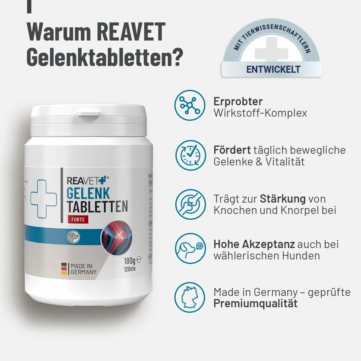 ReaVET Tabletki stawowe dla psa, 120 sztuk, na 8 miesięcy, tabletki na stawy dla psów z muszlą zielonowargową, dla nowej radości z ruchu, tabletki do stawów dla psów