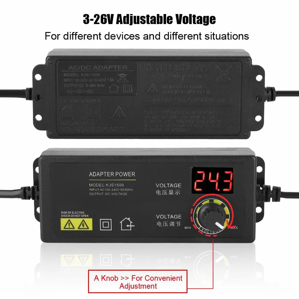 Uniwersalny Regulowany Adapter Sieciowy 60W AC/DC 3V-36V Regulowany z Cyfrowym Wyświetlaczem, Szeroki Zakres Regulowany Adapter Sieciowy dla Listw LED, Monitorów LCD, Silników (1,7A)