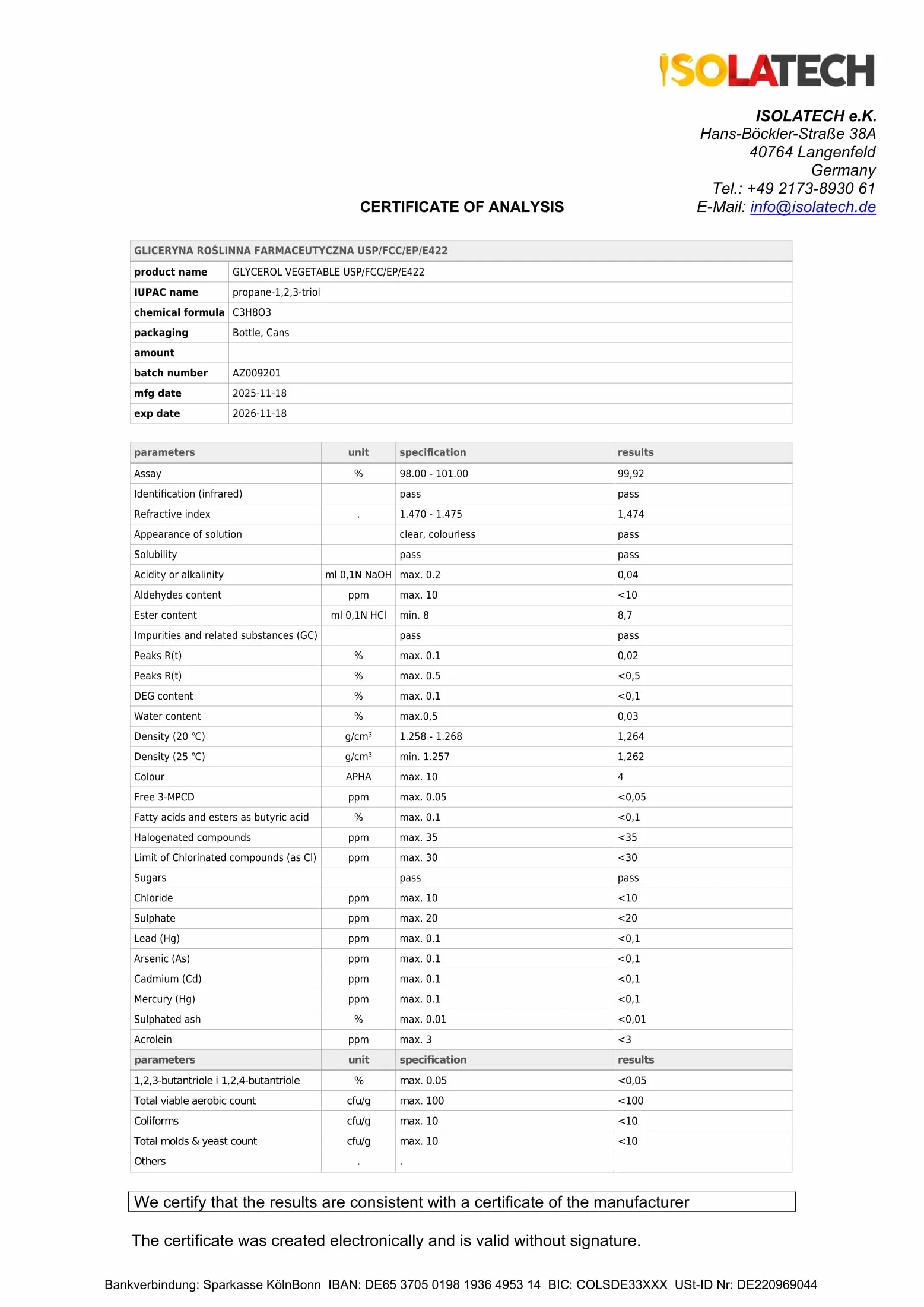 ISOLATECH Gliceryna 99,5% 10 l, jakość farmaceutyczna made in Germany, mierzona w 99,98% czysto roślinna, gliceryna, glicerol w płynie z płynem SABEU Fluxx AH23/51 HF kurek przelewowy DIN 51 10 l