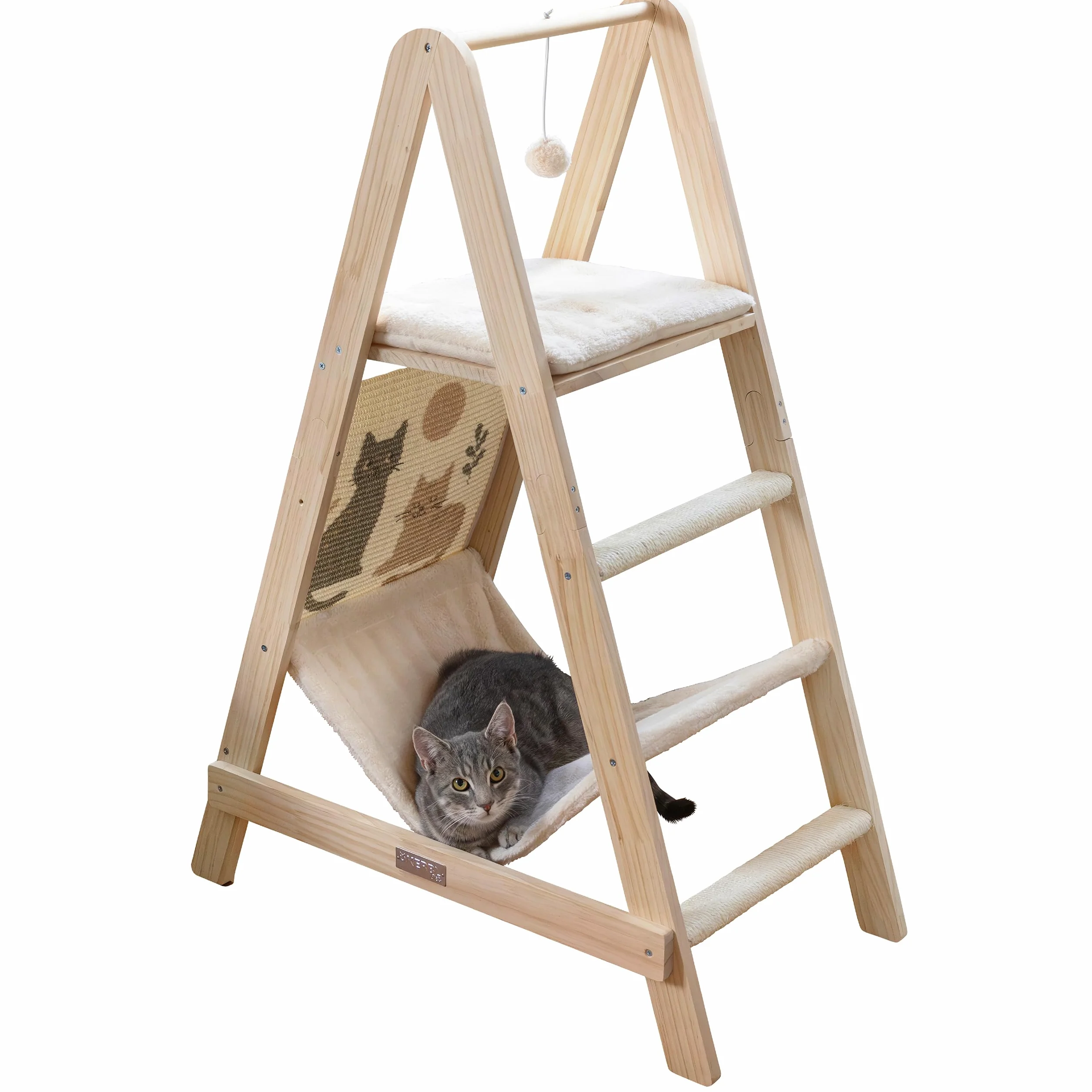 Kerbl Pet Wieża do wspinania Ladder, drapak dla kota, lite drewno, miękki plusz, beżowy, wysokość 104 cm, dwie powierzchnie do leżenia, z hamakiem, powierzchnia do drapania