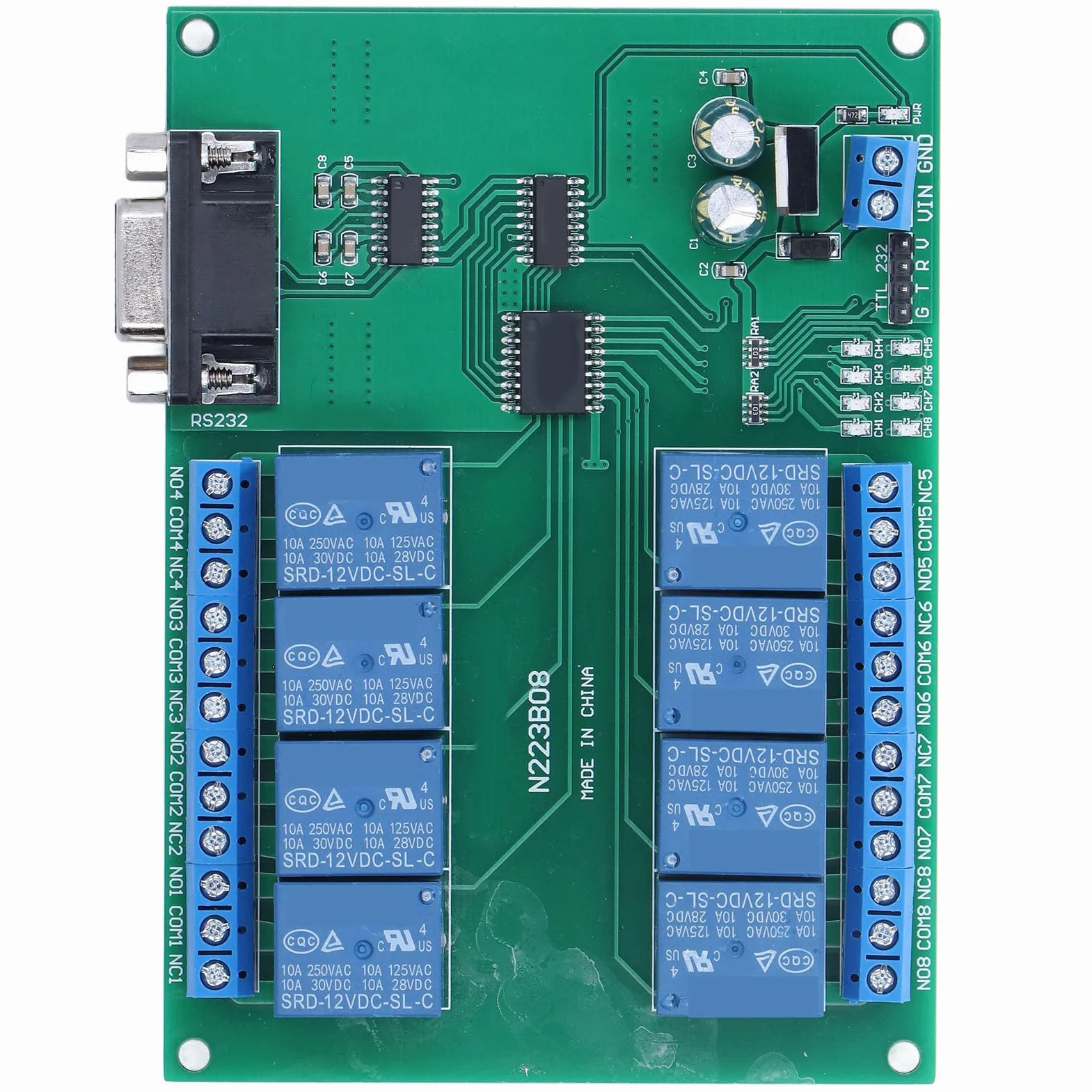 Moduł przekaźnikowy DC 12V 8-kanałowy PCB N223B08 z interfejsem szeregowym i LED do systemu zdalnego sterowania