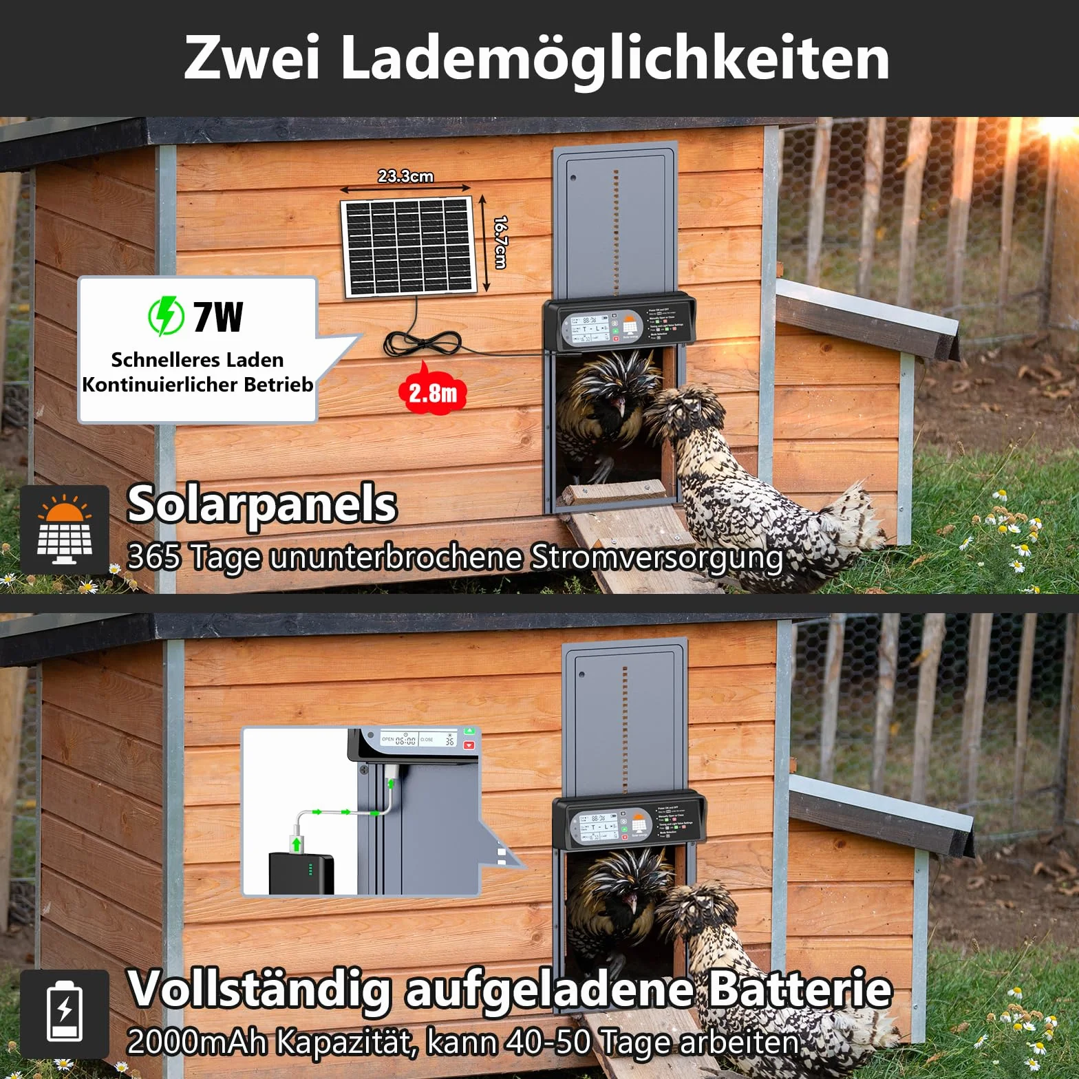 Automatyczne drzwi do kurnika z czujnikiem światła i pilotem, aluminiowe, LED, timer, dwie metody ładowania