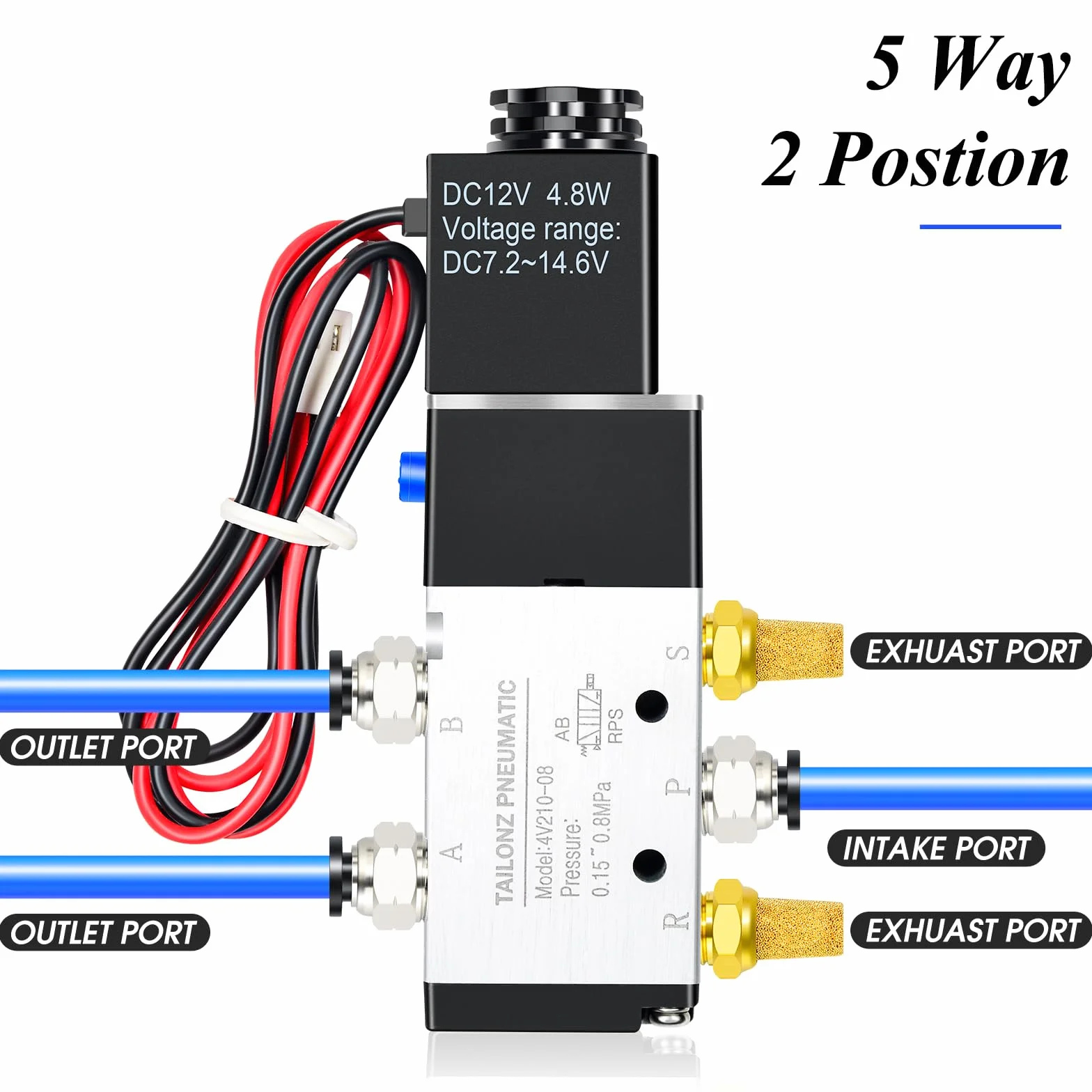 TAILONZ PNEUMATIC 1/4 "BSP Elektromagnetyczny zawór 12V Pojedyncza cewka napędzana pilotem Elektryczny 2 Pozycje 5 Way Typ połączenia 4V210-08