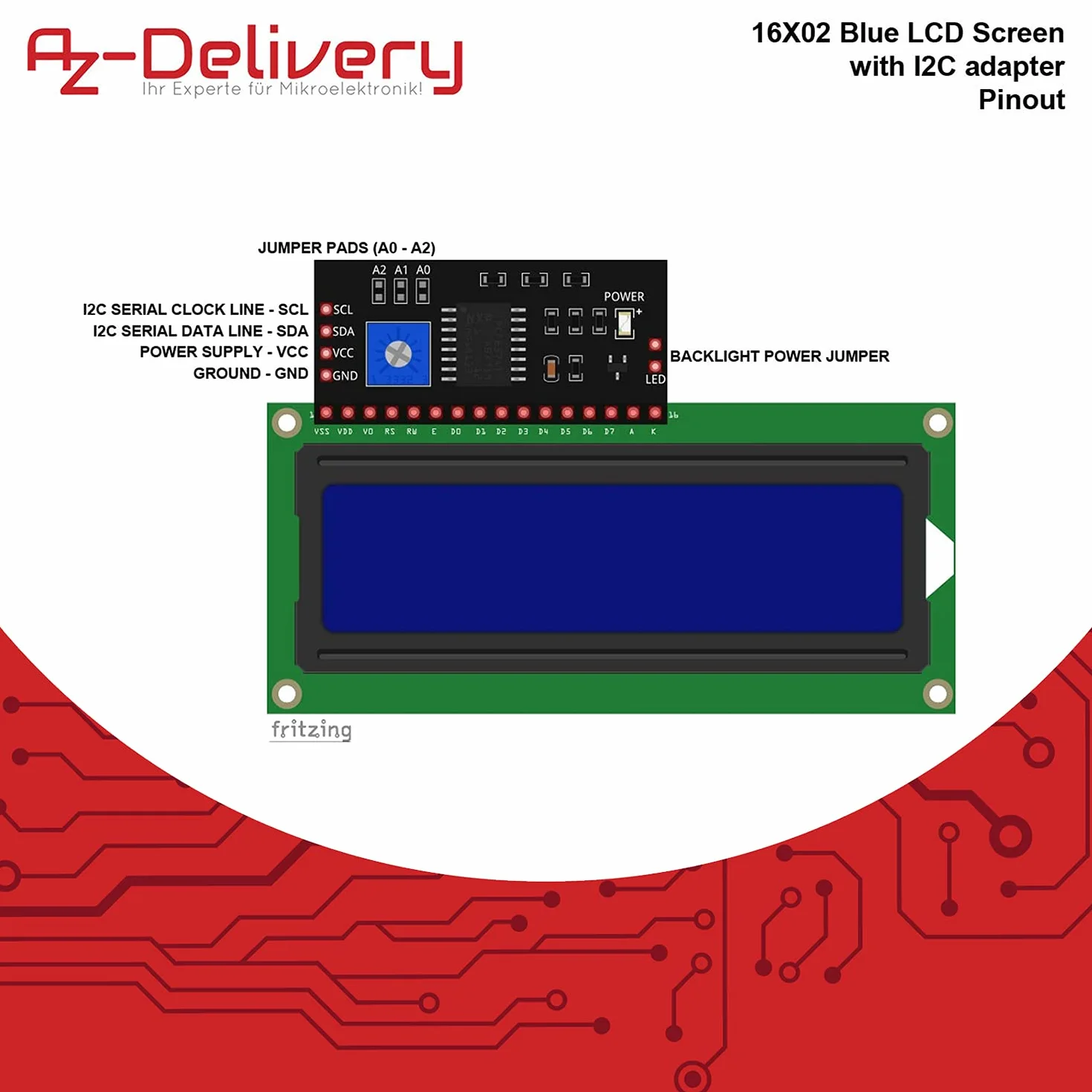 AZDelivery HD44780 16x2 LCD Moduł Wyświetlacz Bundle z I2C Interfejs 2x16 znaków w tym E-Book! (z niebieskim tłem i białymi znakami) kompatybilny z Arduino i Raspberry Pi w tym e-Book!