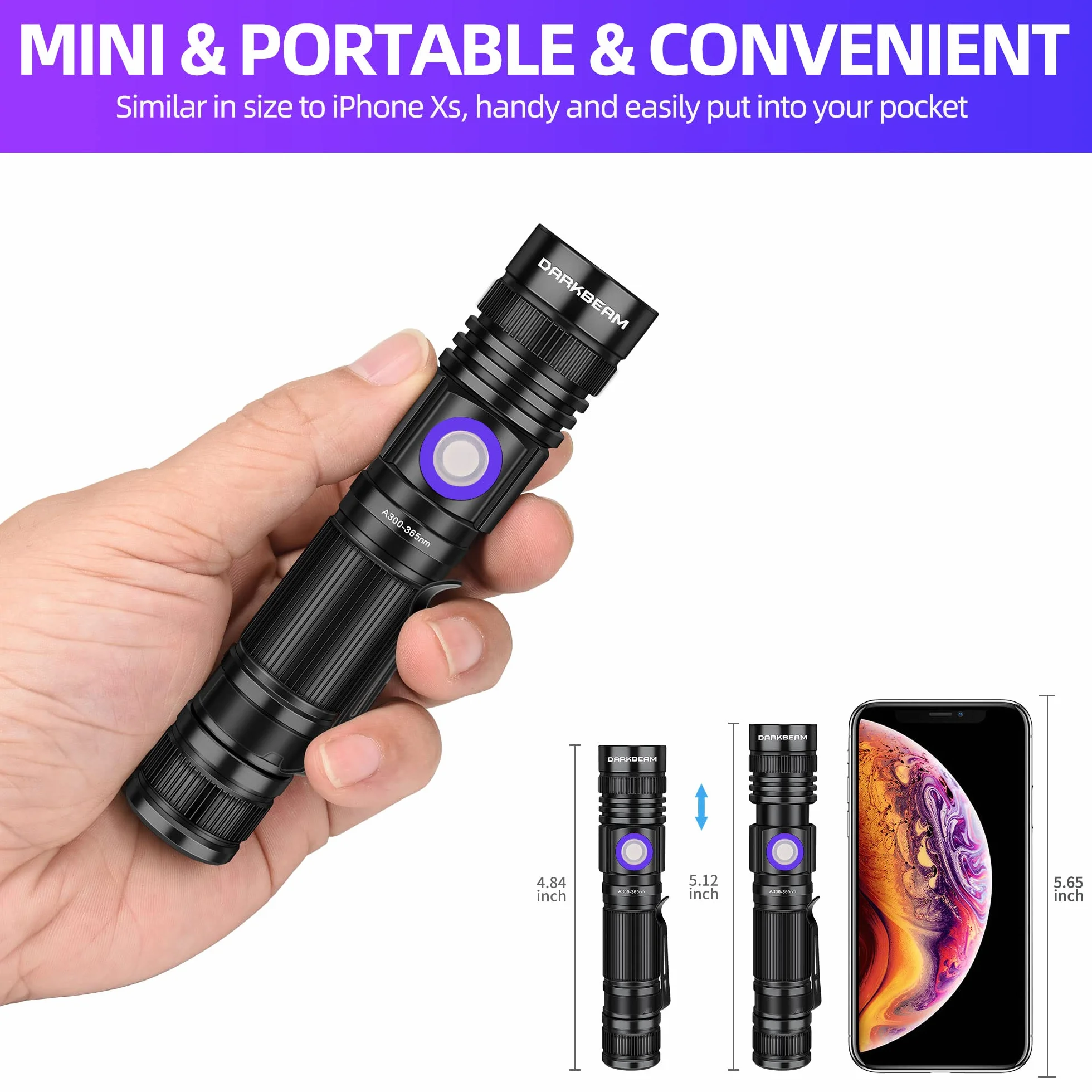 DARKBEAM Latarka UV 365 nm i 395 nm Blacklight ładowalna USB, lampa Wooda, ultrafioletowe czarne światło LED, przenośna, wykrywacz moczu zwierząt domowych, kotów, plam, utwardzania żywicy, szkła