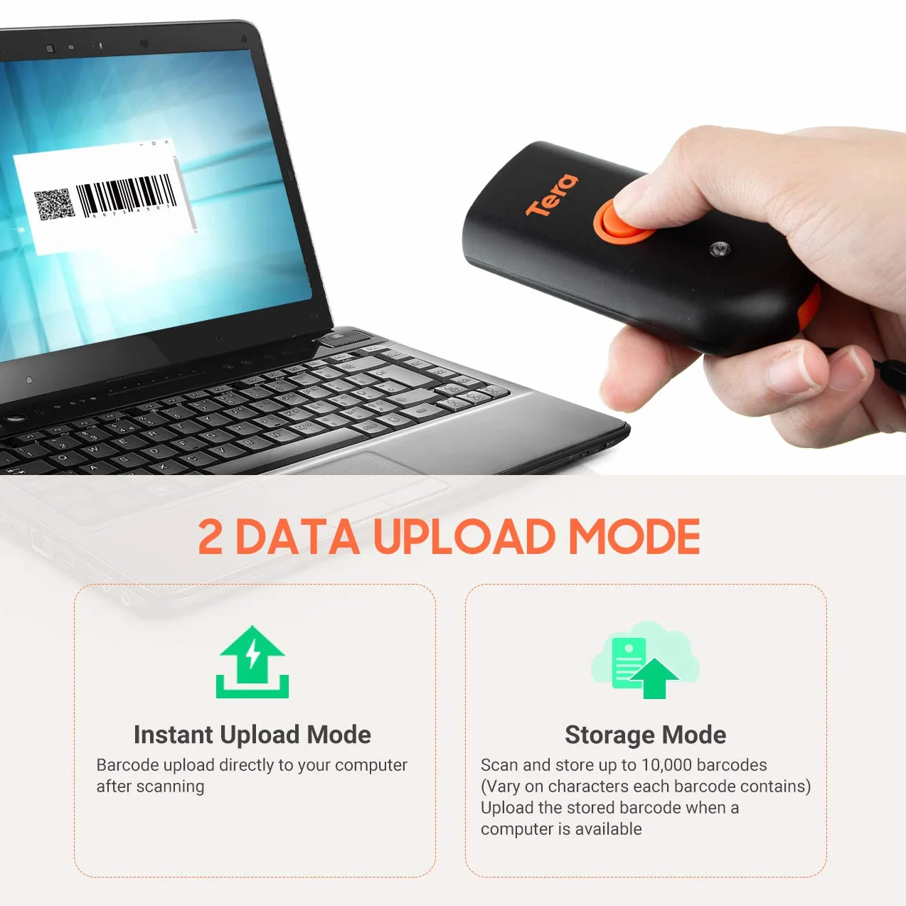 Tera Mini przenośny skaner kodów kreskowych CMOS skaner kodów kreskowych 3 w 1, Bluetooth, kabel USB, bezprzewodowy 2,4 G, do kodów kreskowych 1D 2D QR na papierze i wyświetlaczu, 1100D