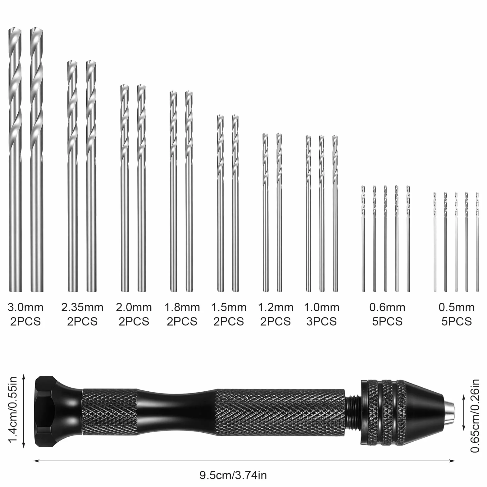 36 sztuk mini wiertarki Pin Vise z 25 wiertłami spiralnymi (0,5 – 3,0 mm) i 10 mini wiertłami PCB (0,3 – 1,2 mm) precyzyjne mikrowiertła ręczne do metalu, drewna, biżuterii, modelarstwa i wiercenia