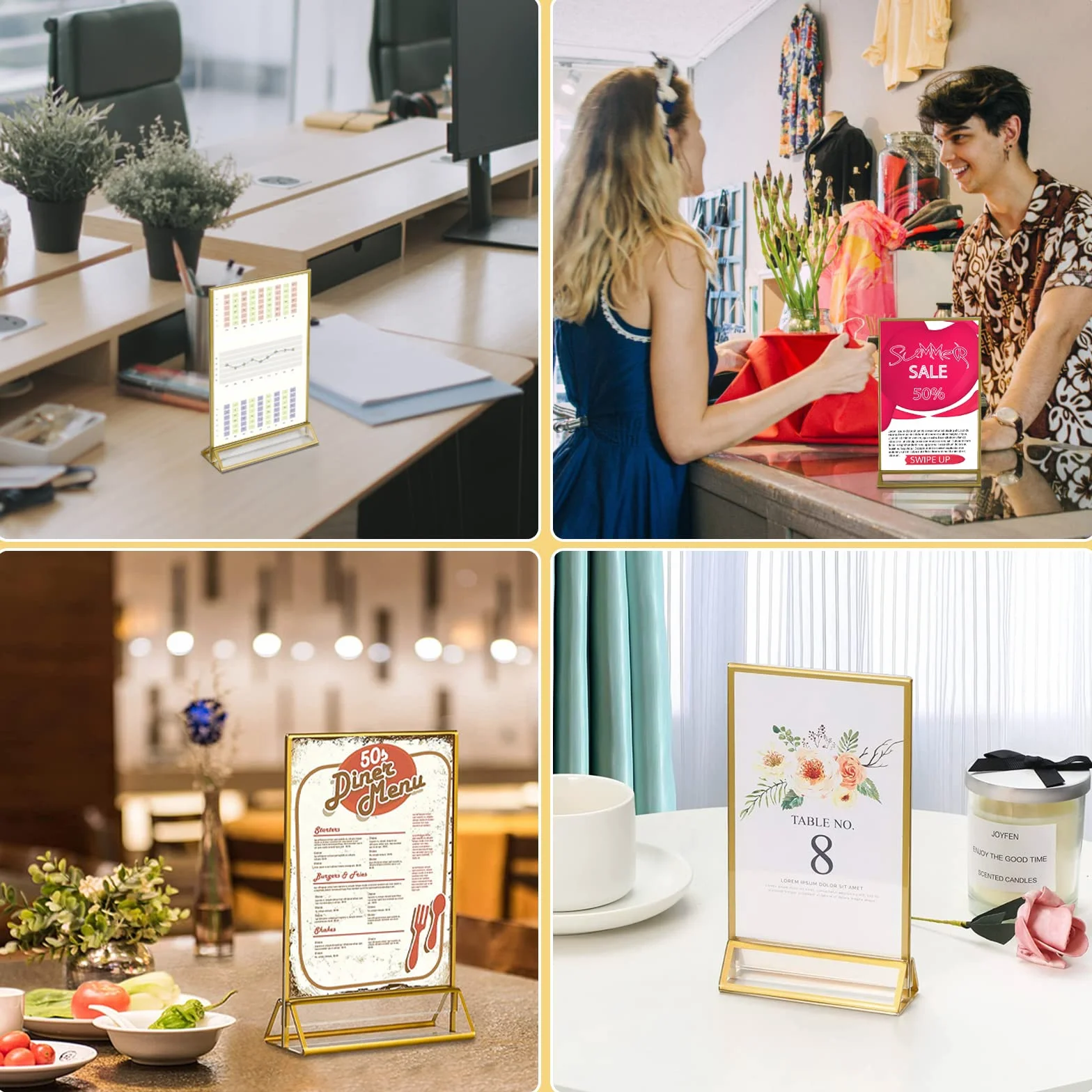 efuturetime Akrylowy stojak stołowy, 12 x A6, dwustronny, złoty, stojak T, uchwyt na karty menu, ramka na zdjęcia, numery stołów weselnych, kawiarni, restauracji