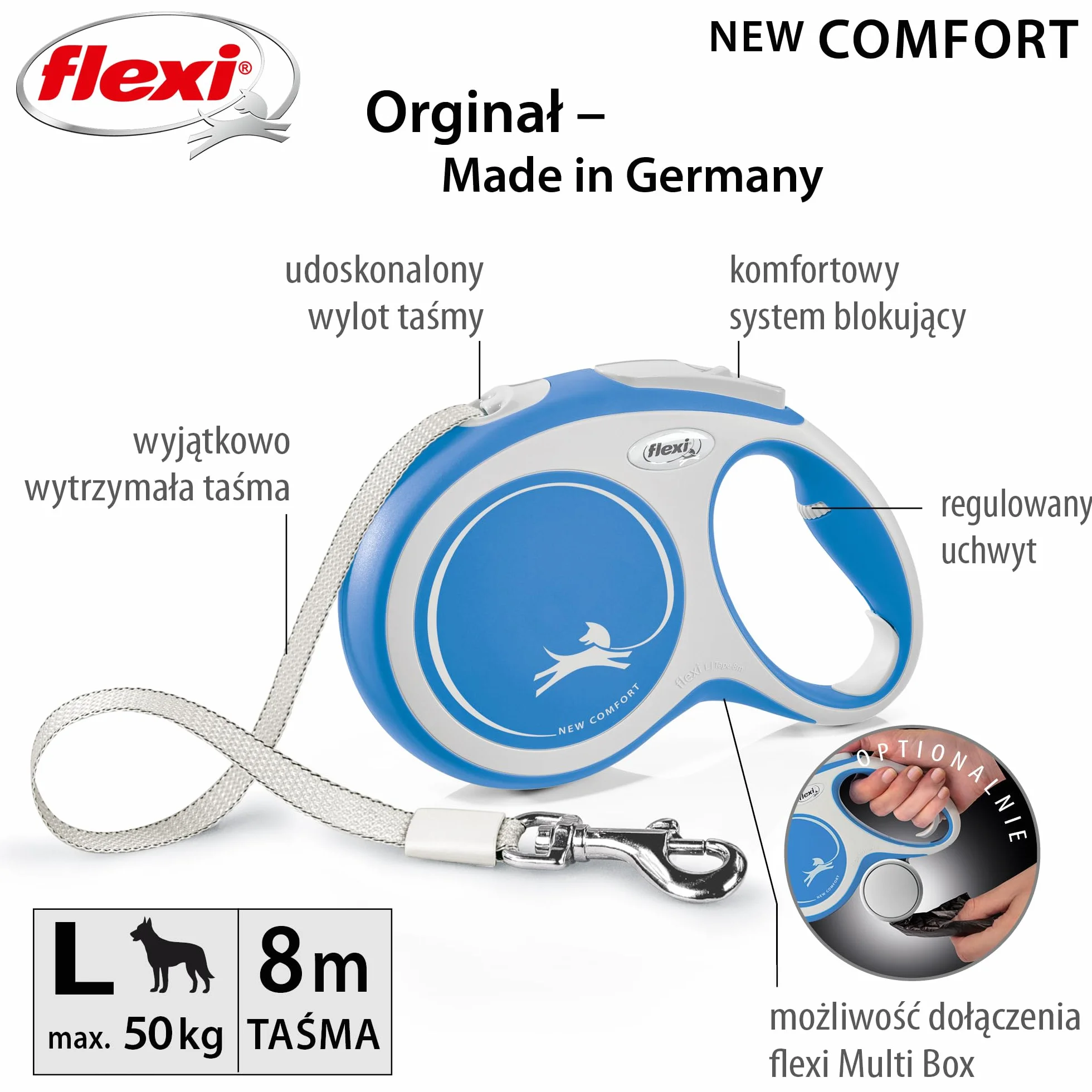 Kerbl Flexi - sznurek zwijany New Comfort Band - 8 metrów do 50 kg - niebieski - 1 sztuka