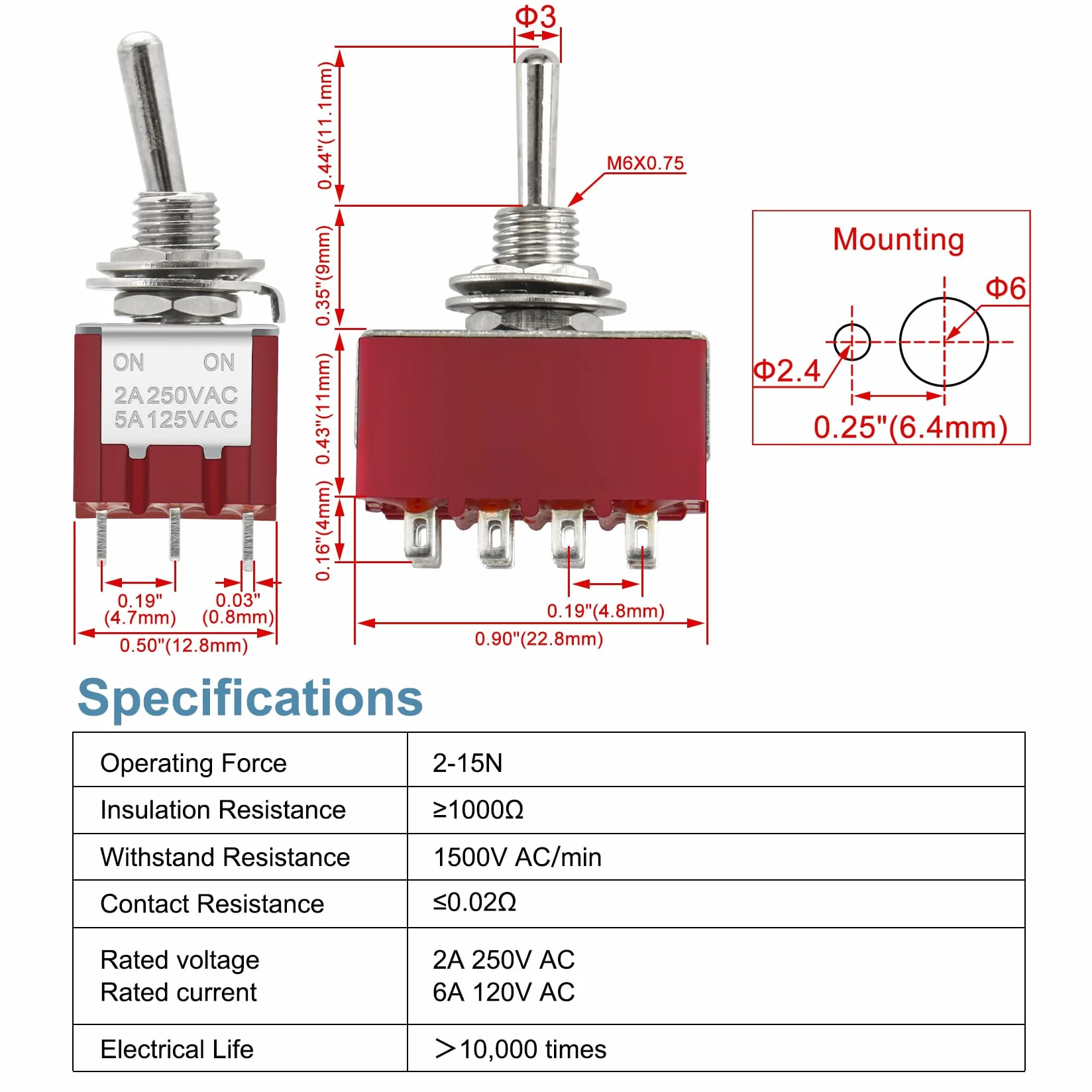 Heschen Miniaturowy przełącznik przełączający MTS-402 ON-ON 4PDT 12-biegunowy, 2 A 250 V, 5 A 120 V, UR na liście, z wodoodporną pokrywą, 2 sztuki