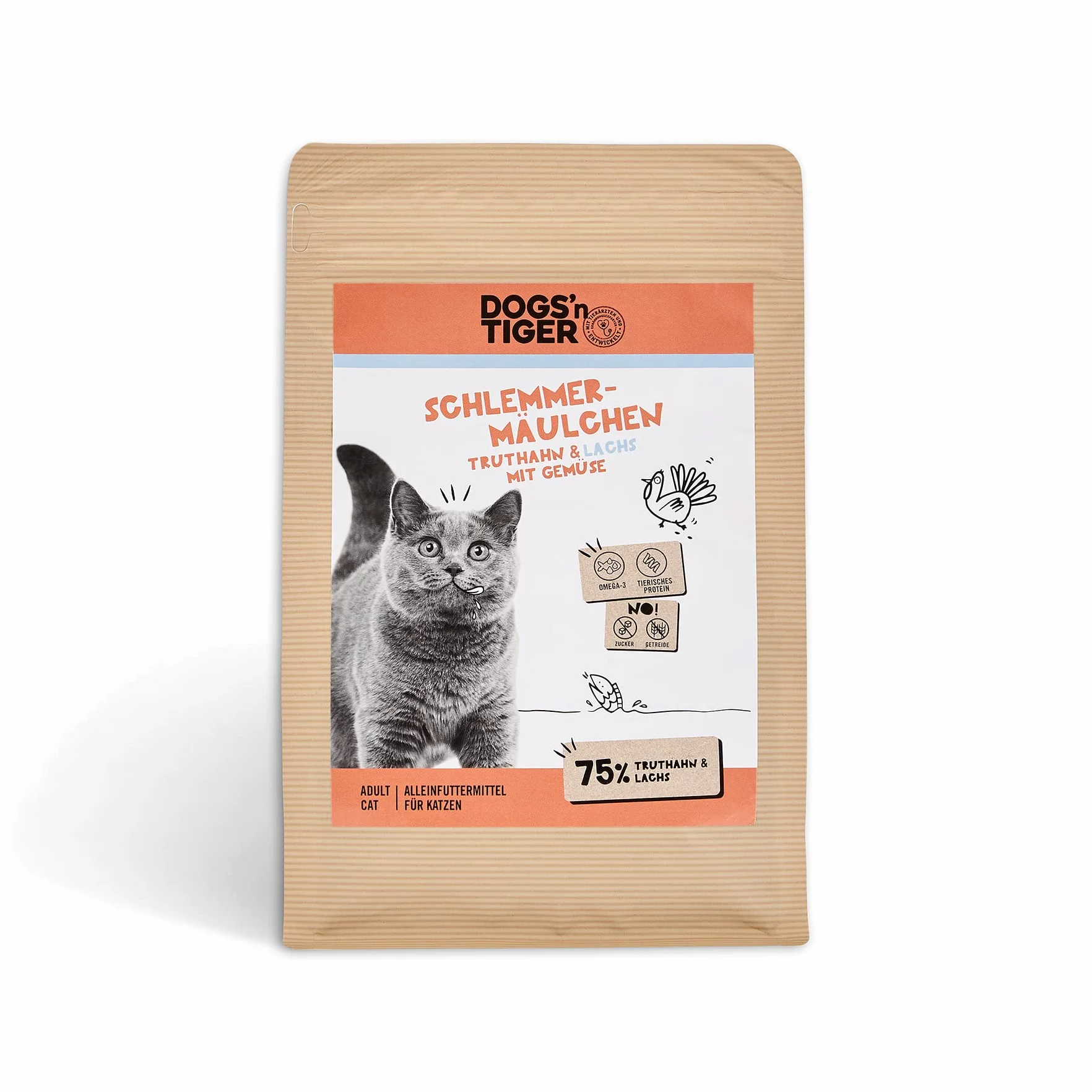 Dogs'n Tiger "Schlemmermäulchen" sucha karma dla kotów z 75% zawartością mięsa – bez cukru i zbóż (indyk i łosoś z warzywami, 1 x 10 kg)