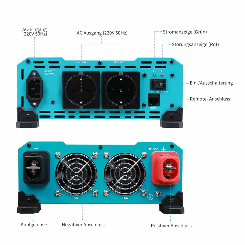 Renogy Falownik sinusoidalny 3000 W/6000 W, 12 V do 230 V, czysty falownik z układem priorytetowym, przetwornica napięcia z 2 gniazdami do urządzeń domowych