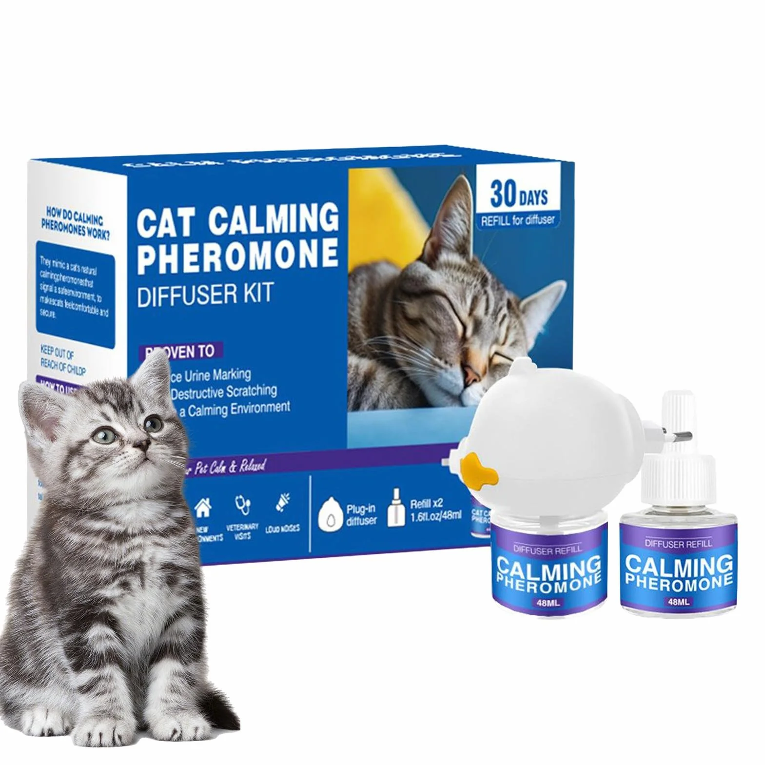 Cat Calming Dyfuzor, feromony kota uspokajające napełnienie dyfuzora | Dyfuzor relaksacji,60 dni trwałej wtyczki uspokajające kota Uwolnienie utrzymywanego feromonu w celu zmniejszenia stresu