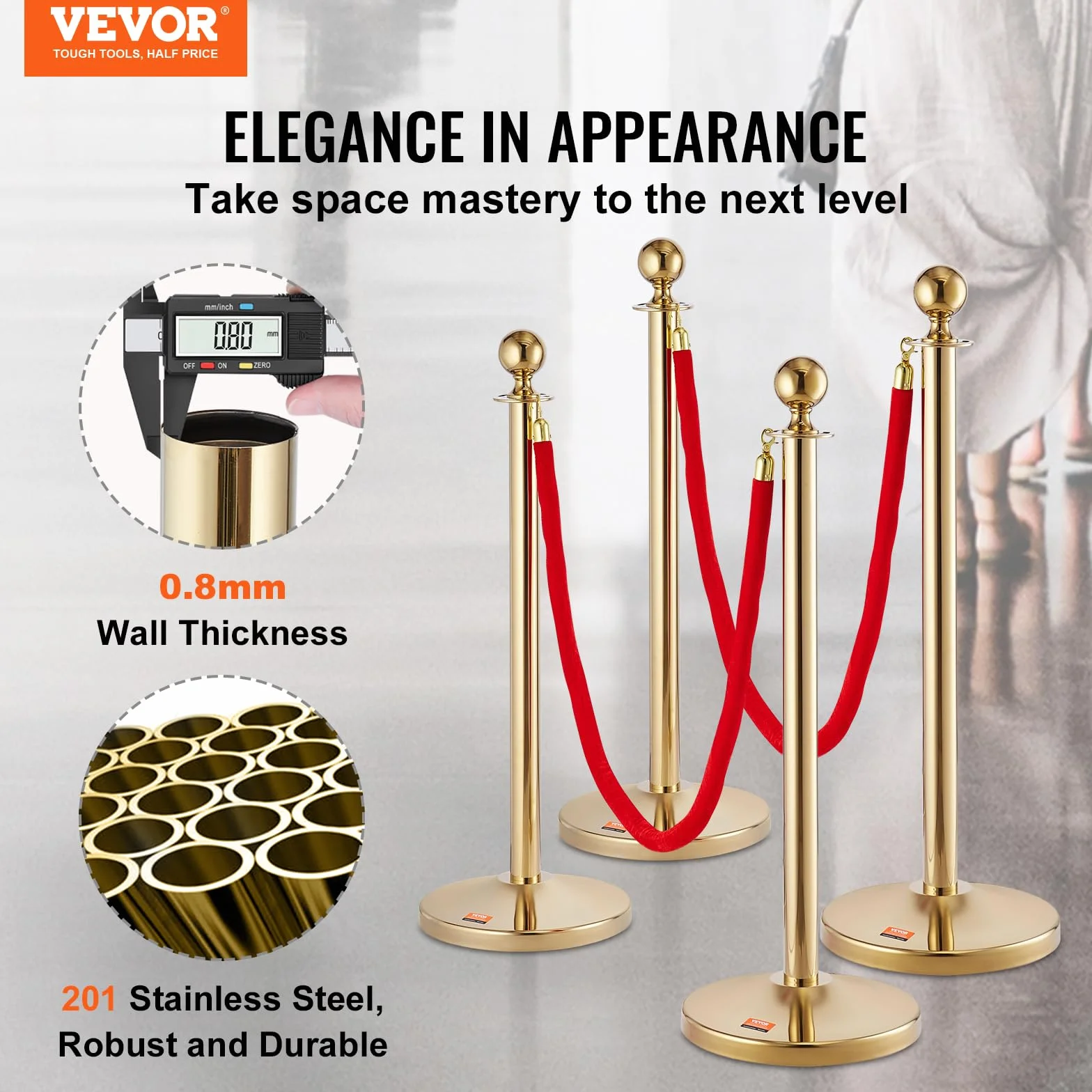 VEVOR Stanchion Post z aksamitną linką 4-pak, 152 cm, ze stali nierdzewnej, przegroda barierowa