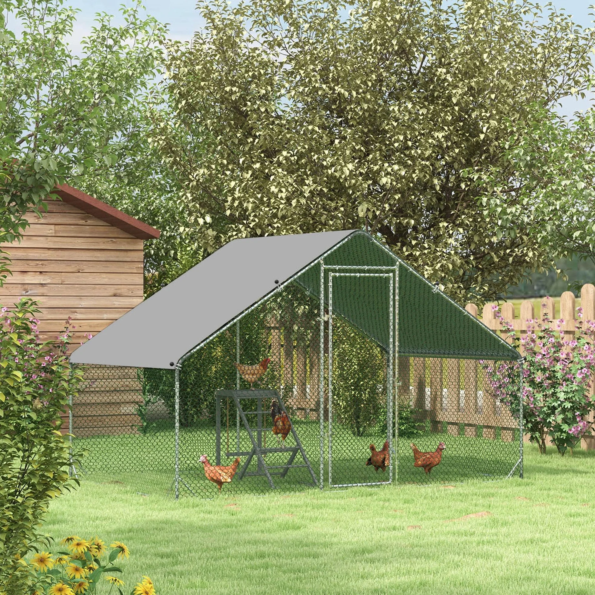 PawHut Kurnik ze stali 300x200x200 cm klatka dla kur z osłoną drzwiami wybieg dla 4-6 kur srebrny