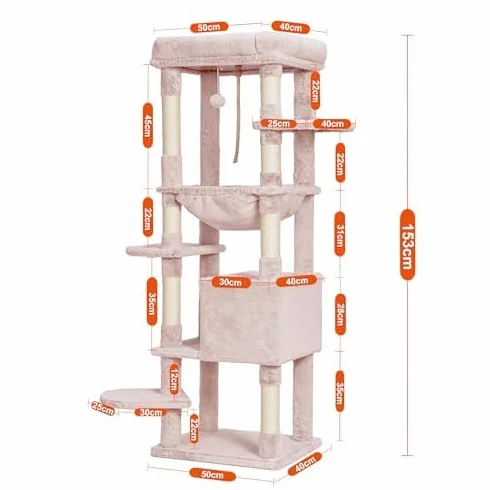 Heybly Scratch Post, Z Kocem, Dla Dużego Kota, Drzewko Dla Kota, Duże Platformy, Jaskinia, 50 x 50 x 153 cm, Kolor Beżowoszary HCT050MU