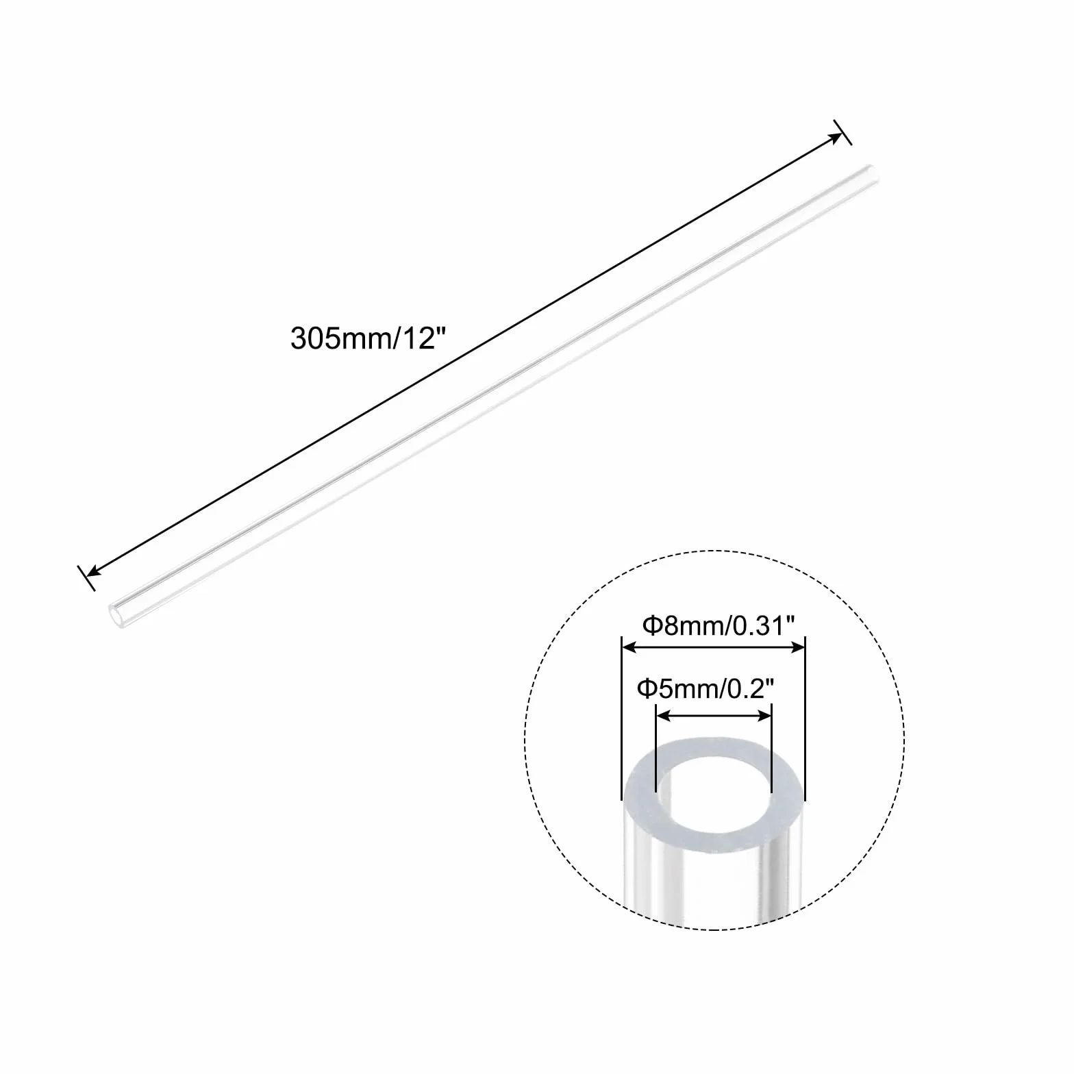 QUARKZMAN Przezroczysty akryl twardy okrągły wąż 5 mm ID 8 mm OD 12" do lamp i latarni, system chłodzenia wodą