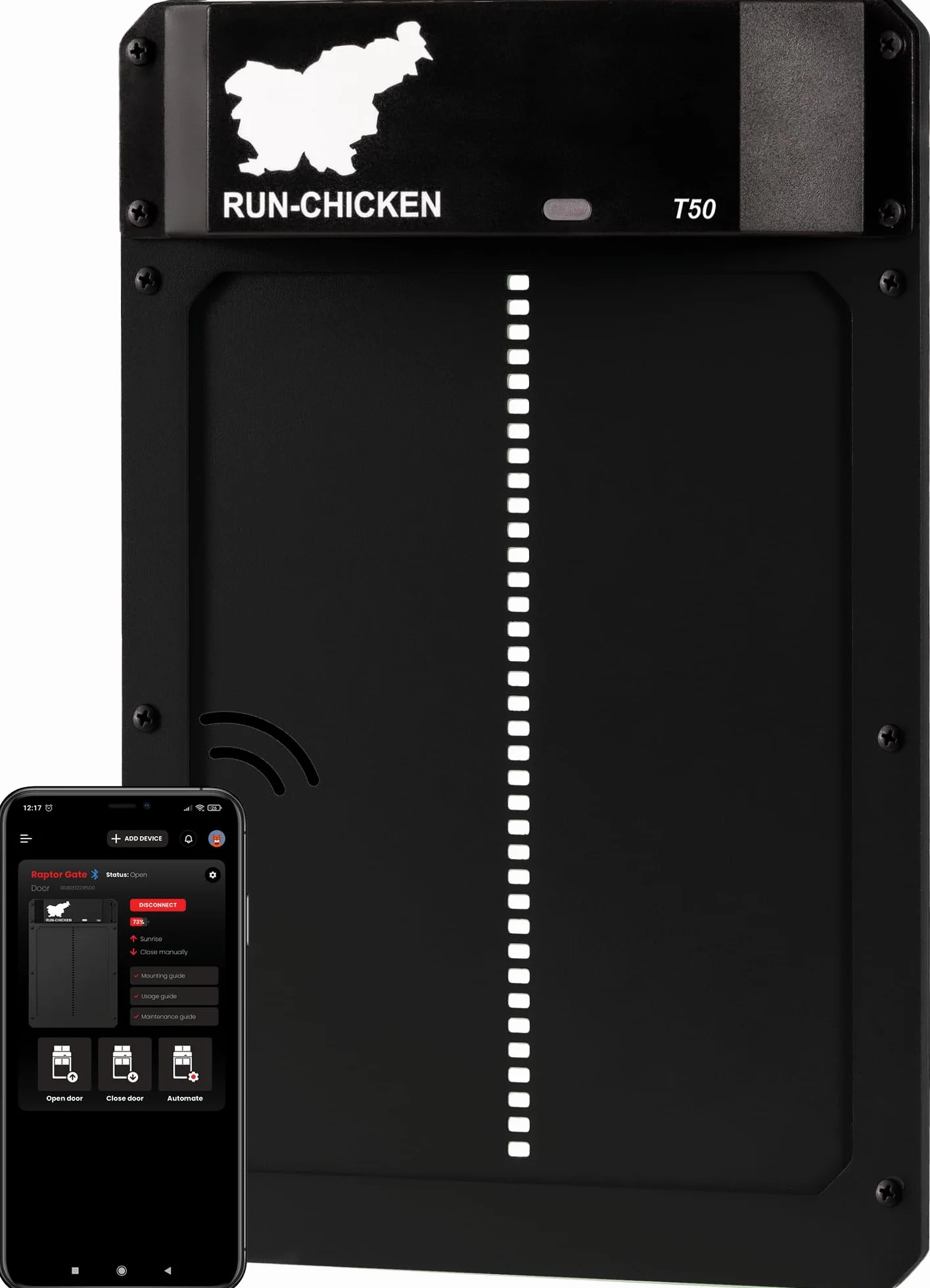 RUN-CHICKEN Drzwi Automatyczne do kurnika, Onyx – Aluminium, zasilanie bateryjne (2 x AA), sterowanie przez aplikację, czujnik światła i timer z opóźnieniem, odporne na warunki atmosferyczne – drzwi
