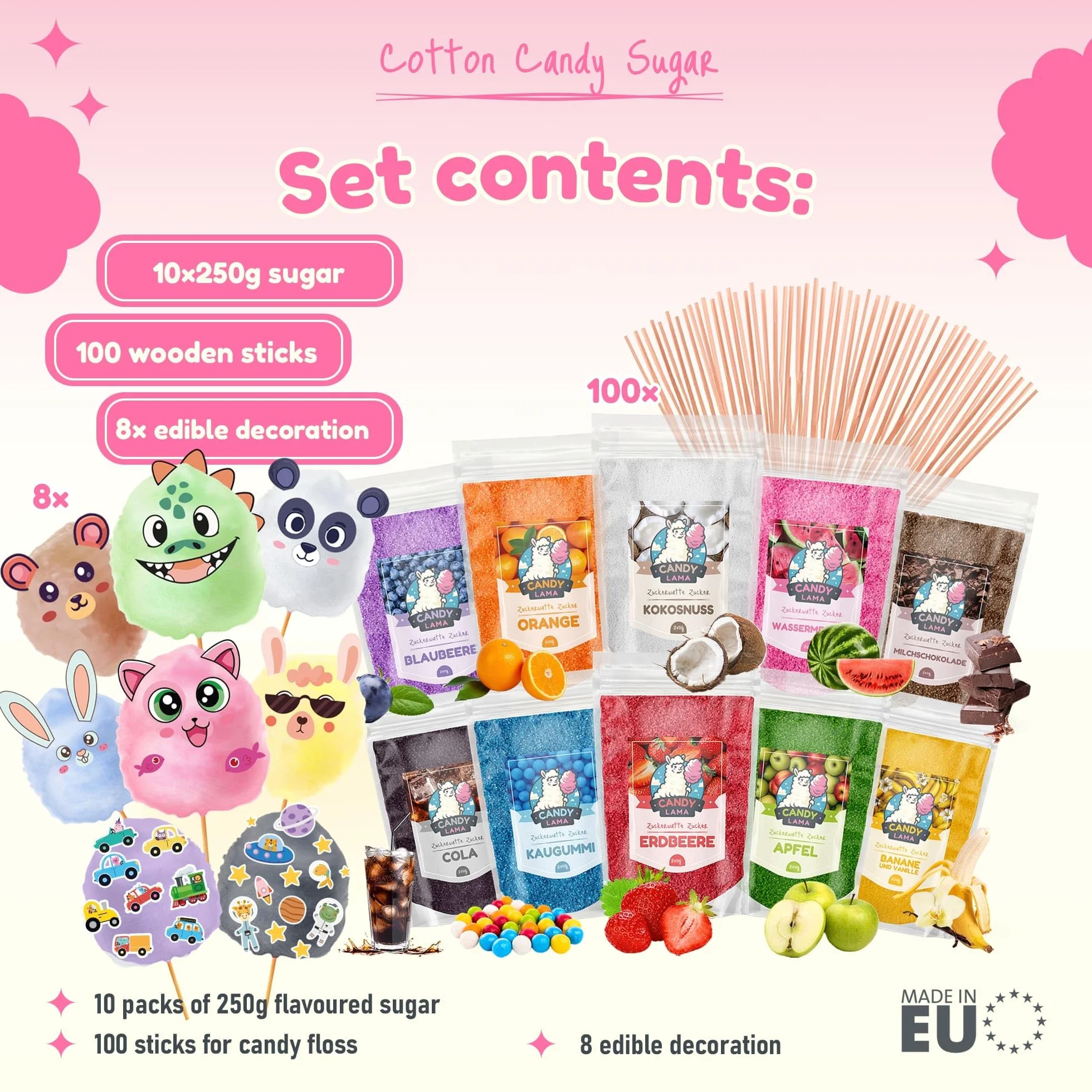 CANDY LAMA Zestaw do waty cukrowej 10 x 250g różne smaki z patyczkami i opłatkami