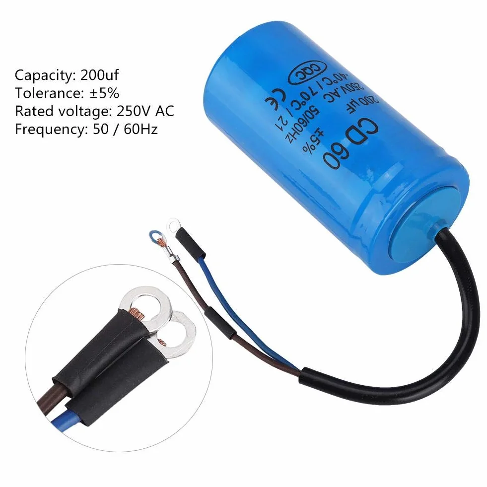 Kondensator roboczy silnika, CD60 250 V AC 200uF 50/60 Hz, mikrofaradowy kondensator z kablem do sprężarki powietrza silnikowego