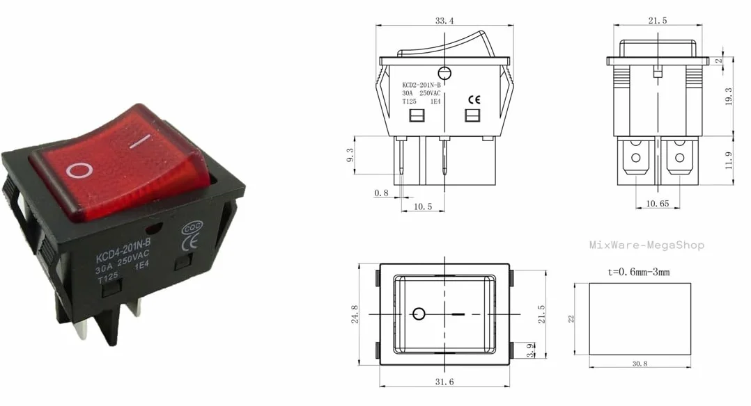 Przełącznik kołyskowy czerwony wodoszczelny 30 A 250V 4 piny 30x22 mm podświetlany