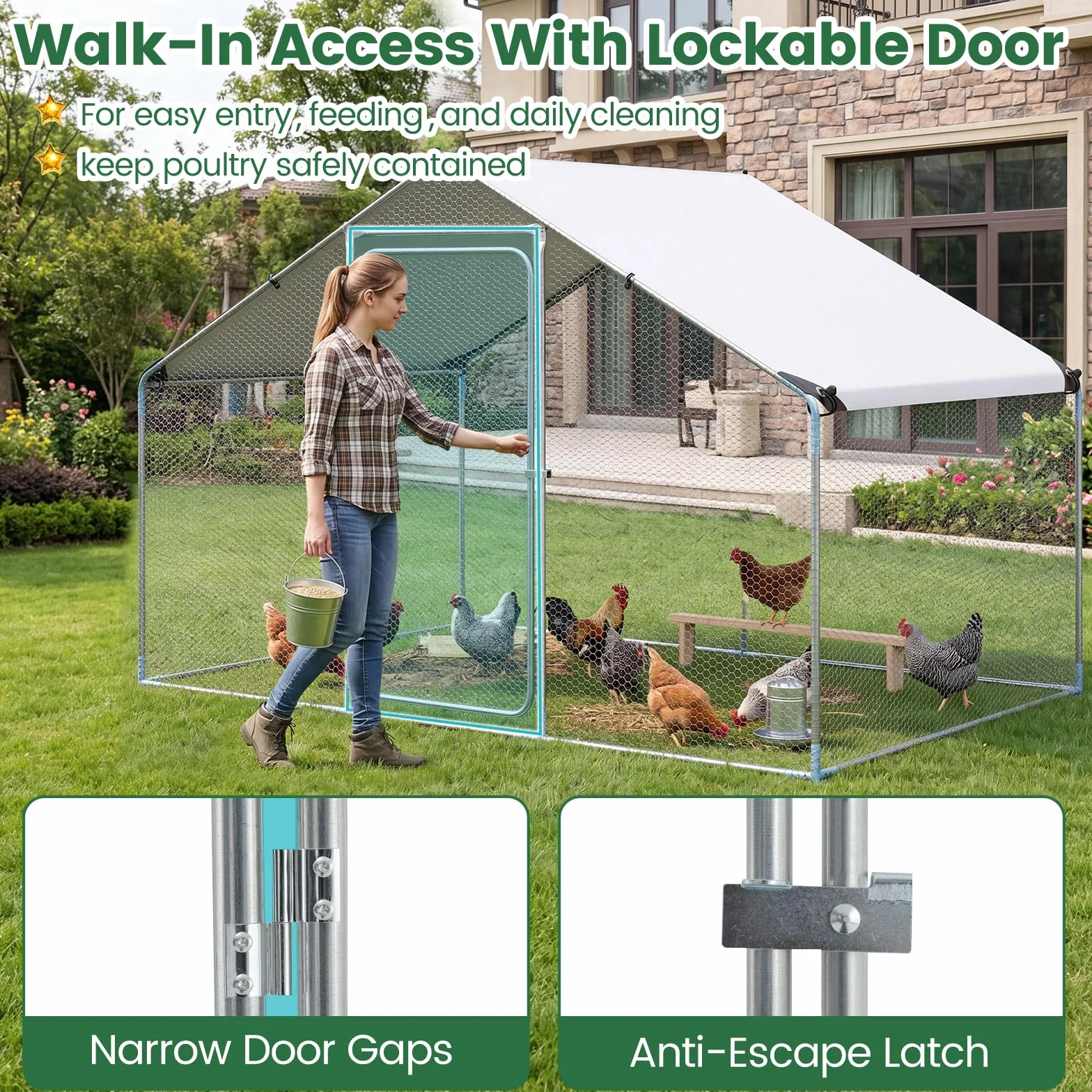 COSTWAY Kurnik 3 x 2 x 2 m | 6 m², wybieg metalowy, wybieg dla kur, z wodoodpornym dachem PE i zamkiem bezpieczeństwa, wybieg dla kur, drobiu, małych zwierząt, srebrny