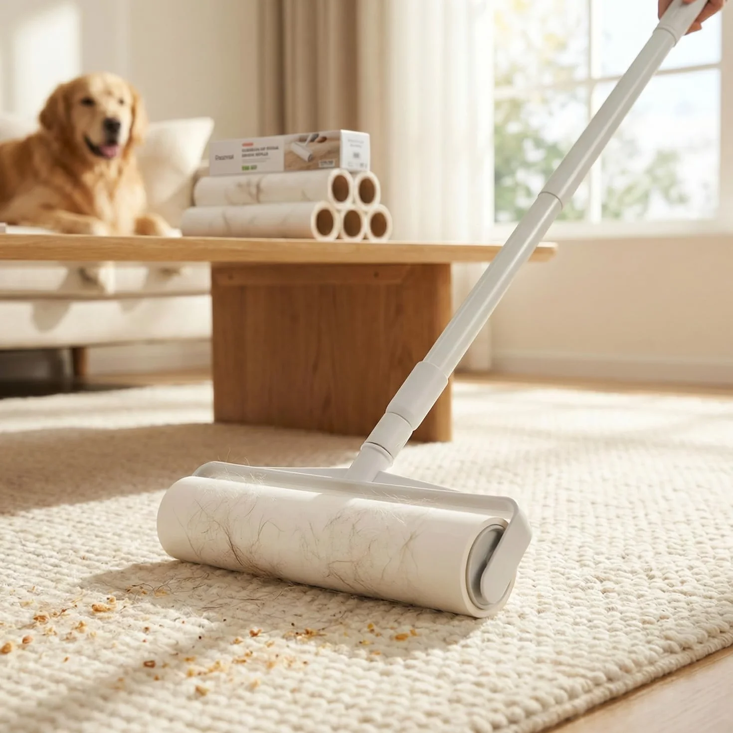 QWORK® Duży wałek do kłaczków do sierści zwierząt domowych, 24 cm, ultra szeroki – wysuwany długi uchwyt, lepki mop z 360 arkuszami na dywan, podłogę i sofę, wytrzymały przyrząd do usuwania sierści