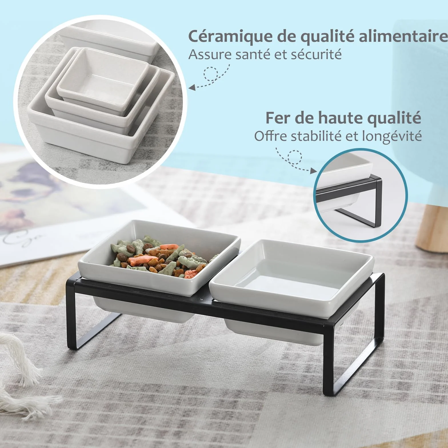 Miska kota z podwyższoną miską kota z kotem - miska dla kota i szczeniaka - podwójne miski ceramiczne przeciw wymiotom i łatwe do czyszczenia 2×280 ml