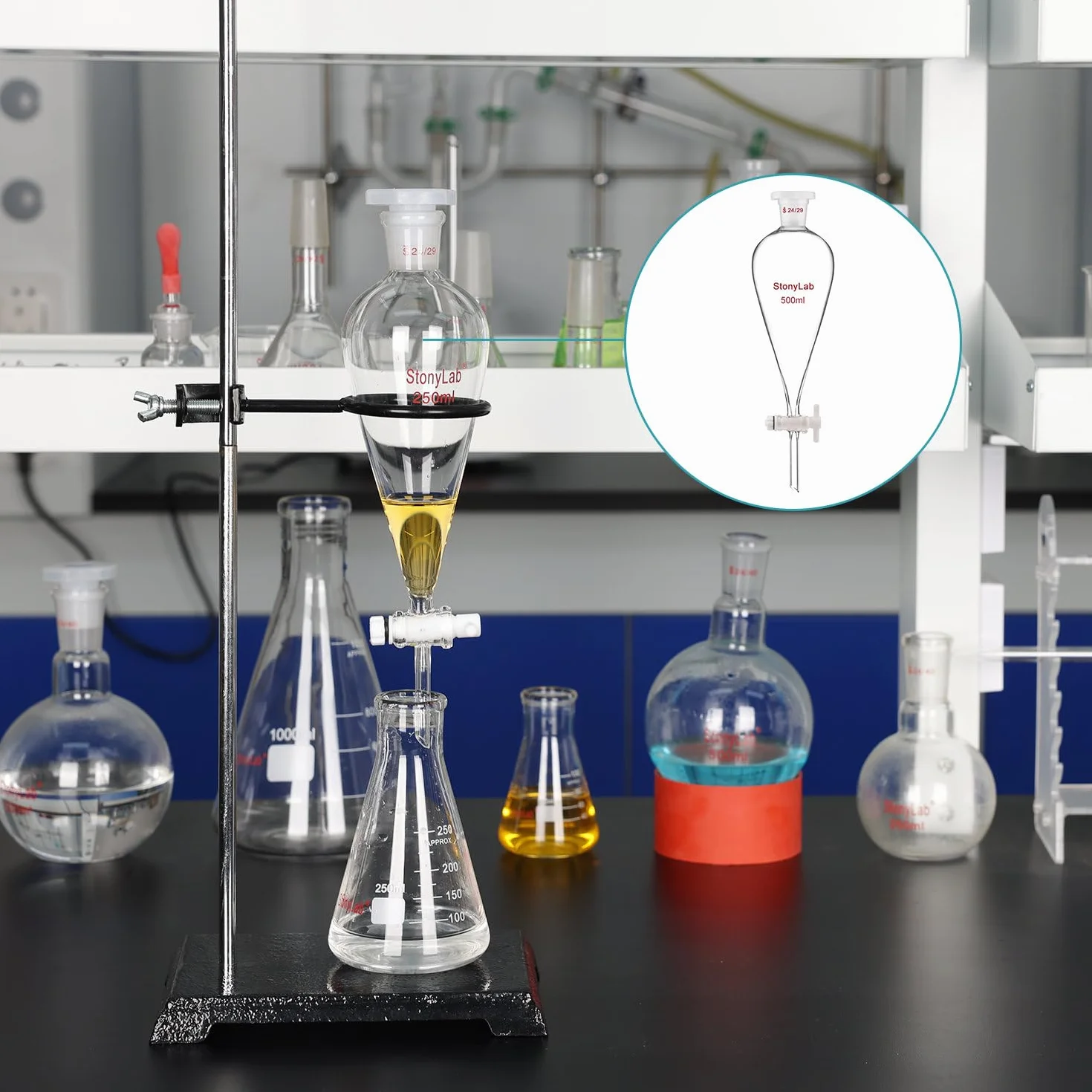 StonyLab Szkło borokrzemowe 2000 ml ciężki lejek separacyjny ze stożkiem 29/32 przegubami i korek PTFE, 2 l (2 litry)